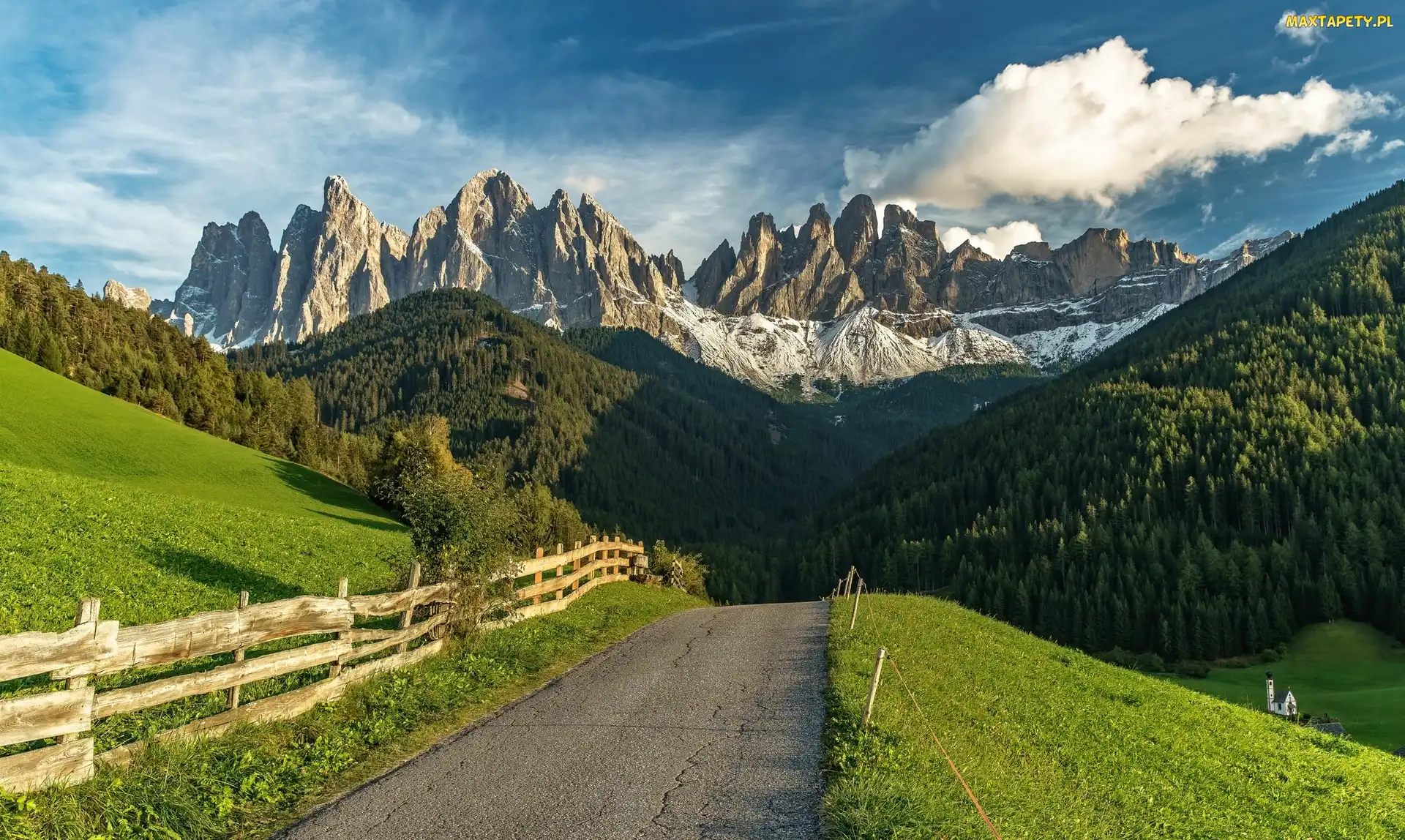 Ogrodzenie, Las, Dolina Val di Funes, Droga, Alpy, Południowy Tyrol, Dolomity, Góry, Włochy, Masyw Odle