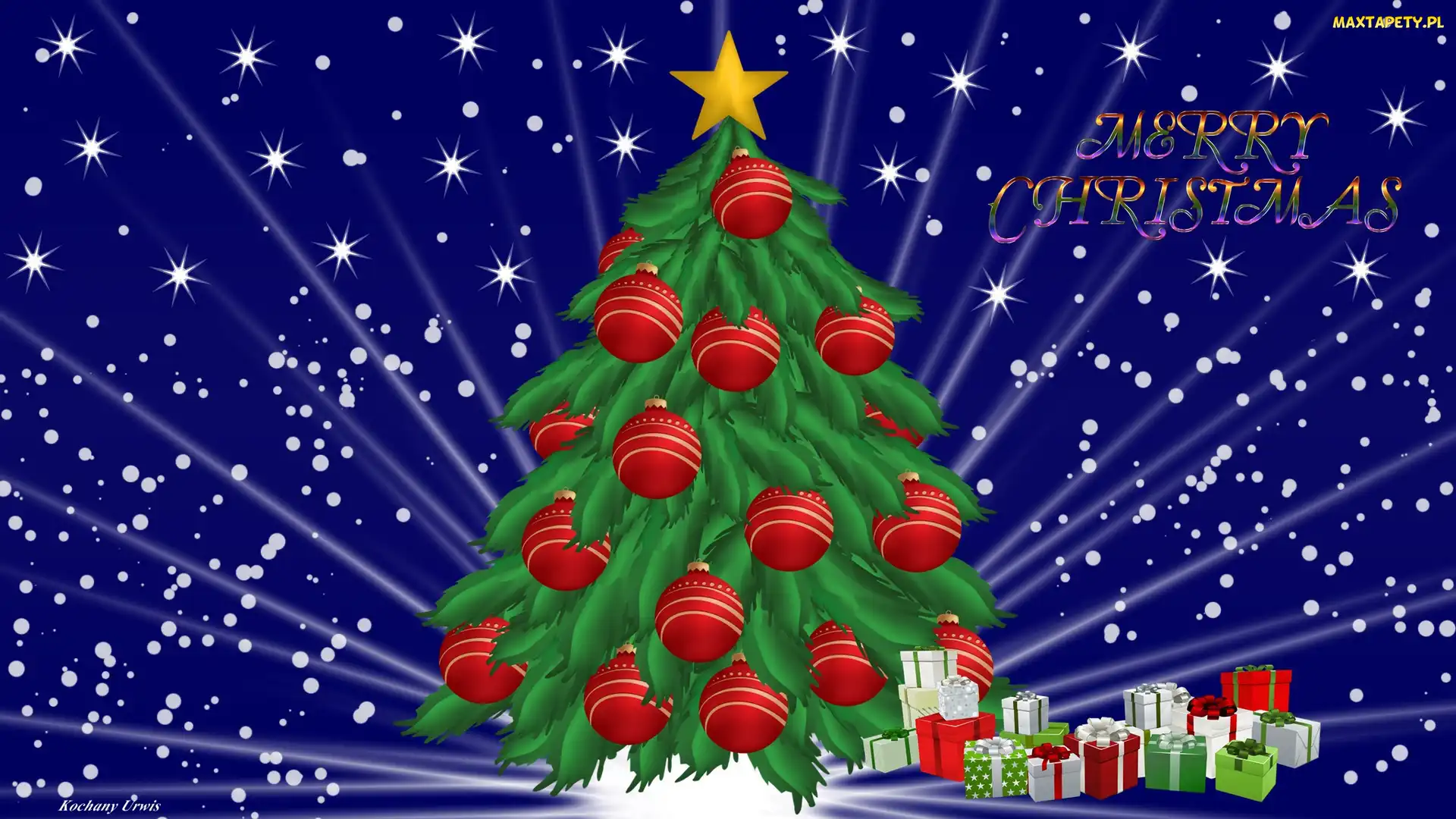 Merry Christmas, Napis, Choinka, Boże Narodzenie, Bombki, Prezenty