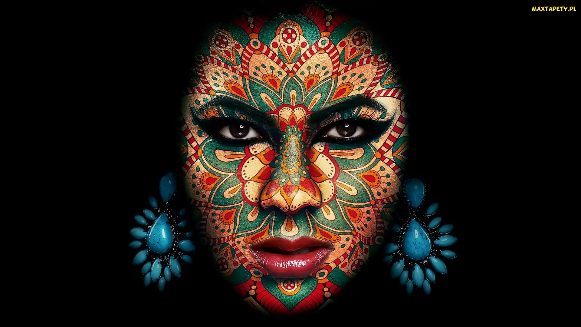 Kobieta, Ciemne tło., Twarz, Kolczyki, Bodypainting
