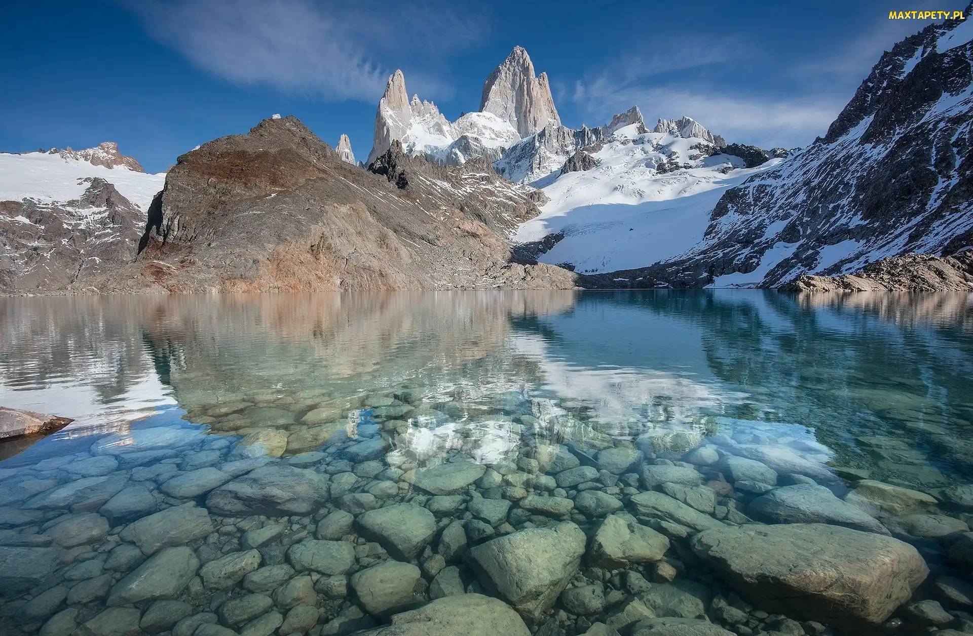 Jezioro, Zima, Patagonia, Kamienie, Szczyt Fitz Roy, Argentyna, Góry Andy