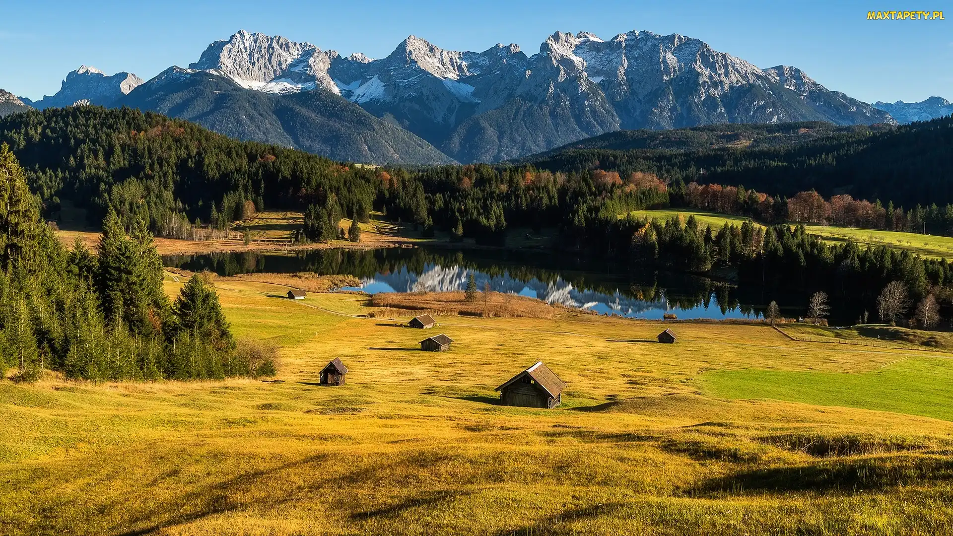 Góry Alpy, Jezioro Geroldsee, Niemcy, Lasy, Miejscowość Krun, Bawaria, Domki