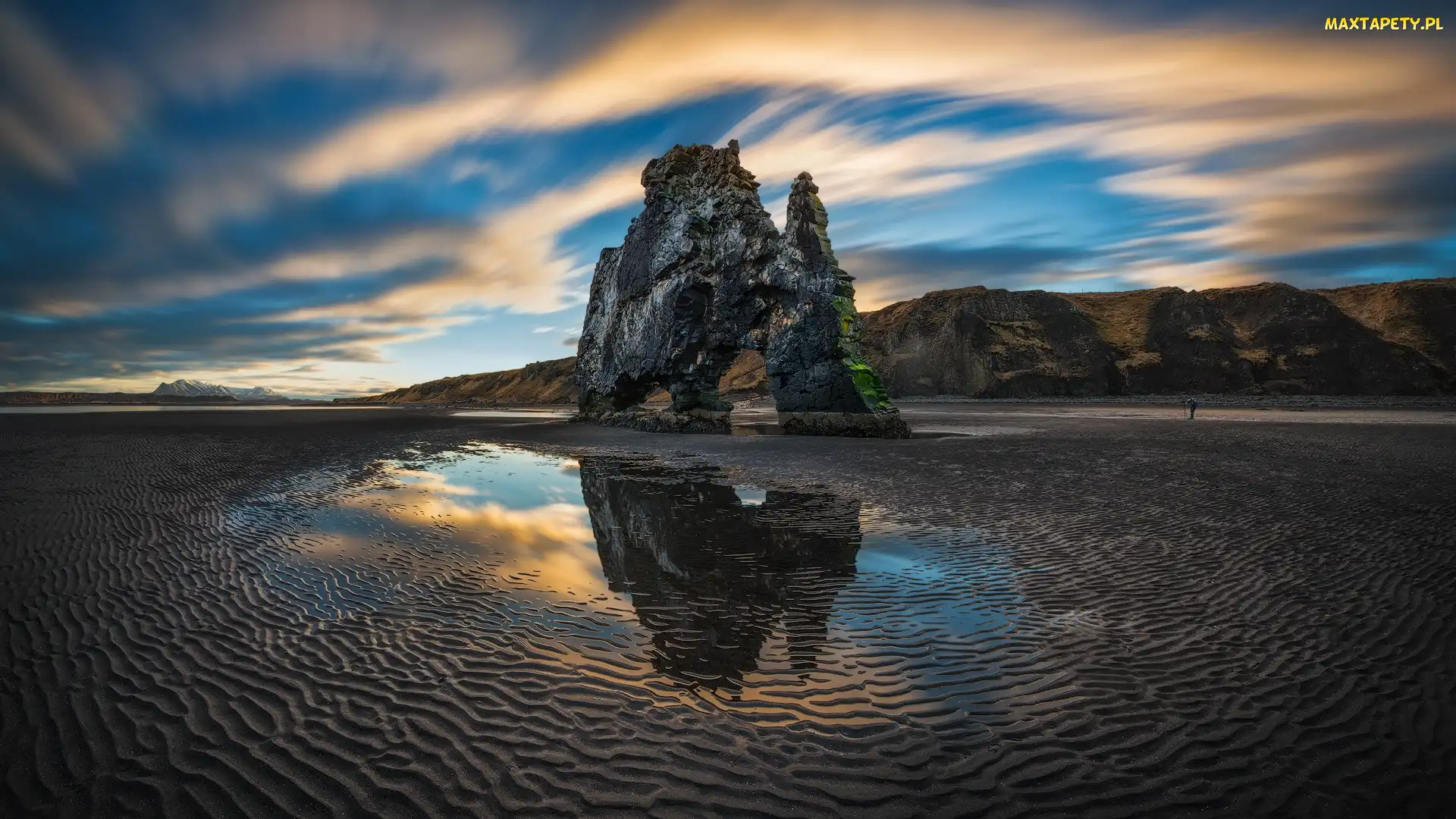 Wschód słońca, Islandia, Isafjordur, Plaża, Skała Hvítserkur