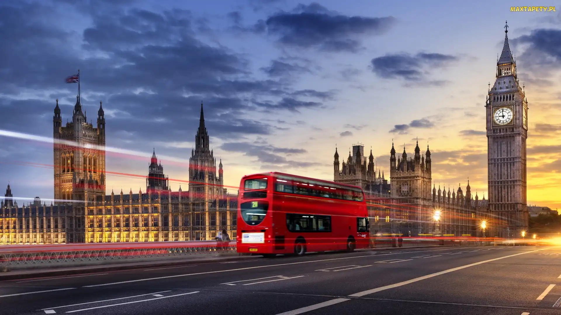 Big Ben, Londyn, Wielka Brytania, Droga, Piętrowy, Czerwony, Autobus, Pałac Westminsterski