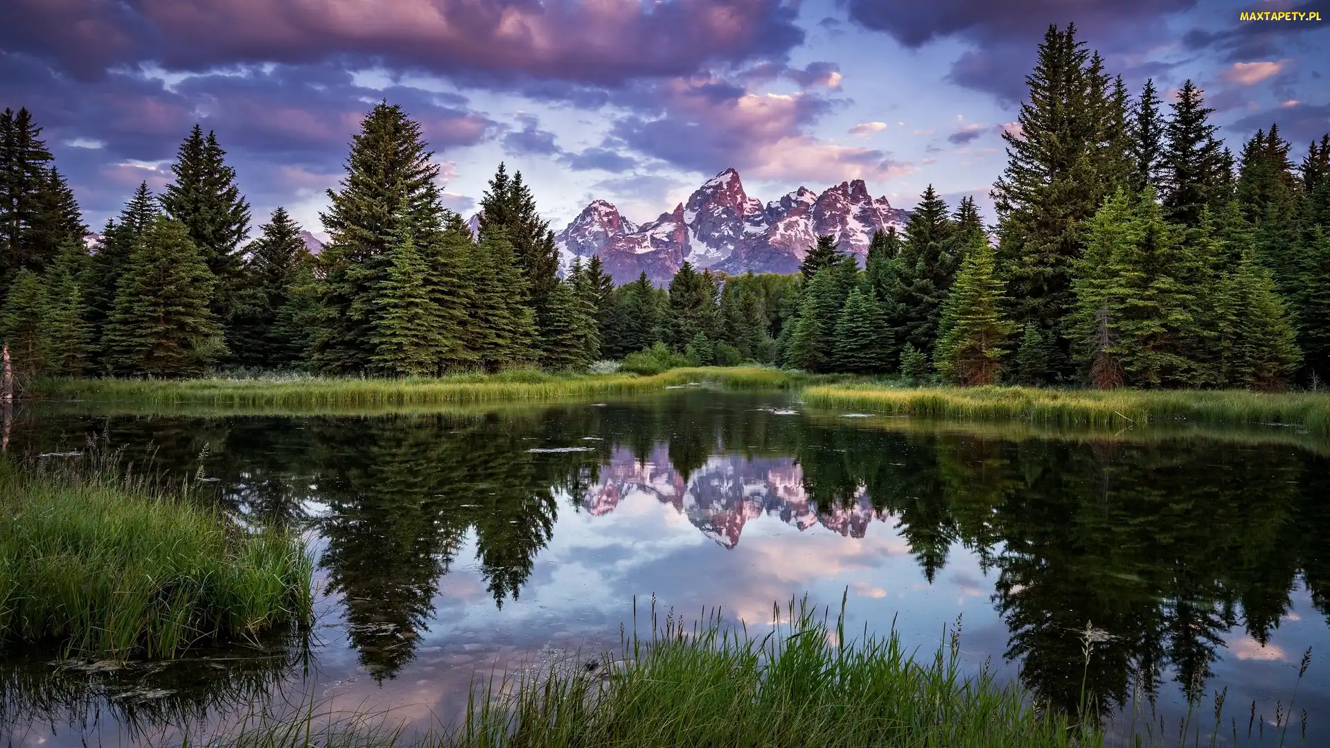 Stany Zjednoczone, Odbicie, Chmury, Stan Wyoming, Góry Teton Range, Rzeka Snake River, Las, Drzewa, Park Narodowy Grand Teton, Ciemne