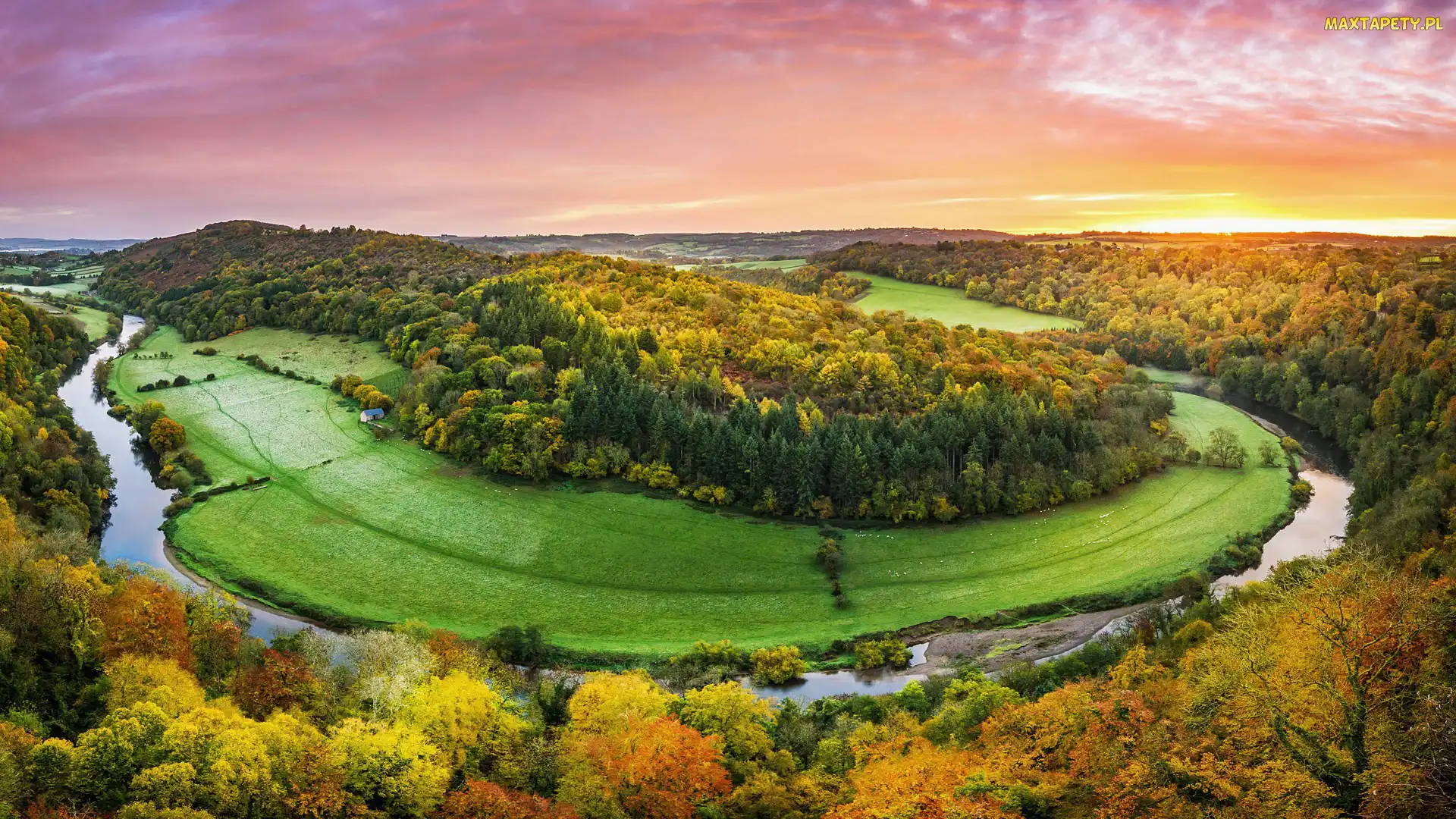 Zakole, Jesień, Rzeka Wye, Lasy, Forest of Dean, Drzewa, Anglia, Wschód słońca