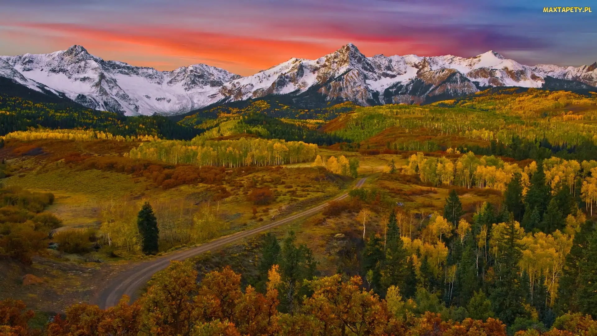 Góry, Kolorado, Droga, Stany Zjednoczone, Zachód słońca, Drzewa, San Juan Mountains, Jesień, Lasy