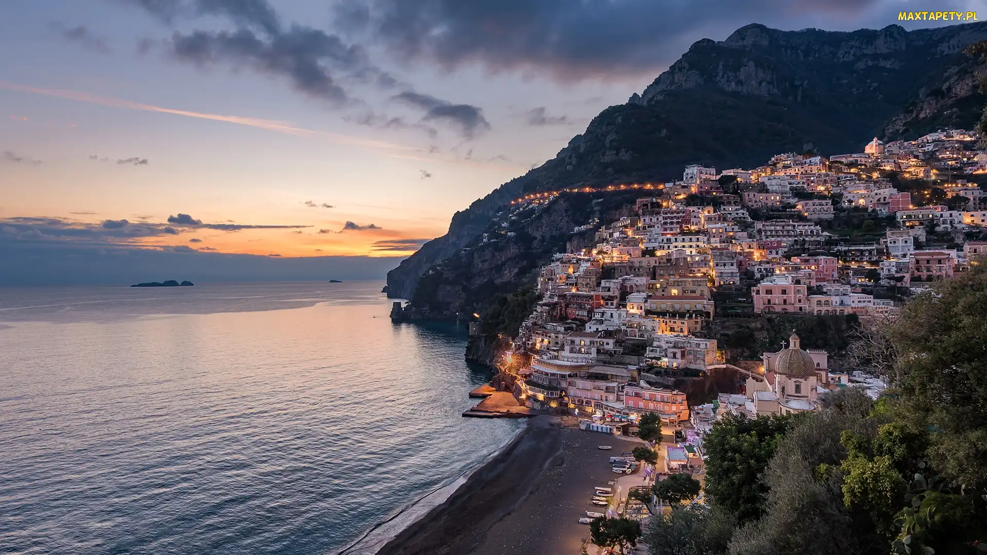 Domy, Góry, Positano, Chmury, Wybrzeże, Włochy, Morze