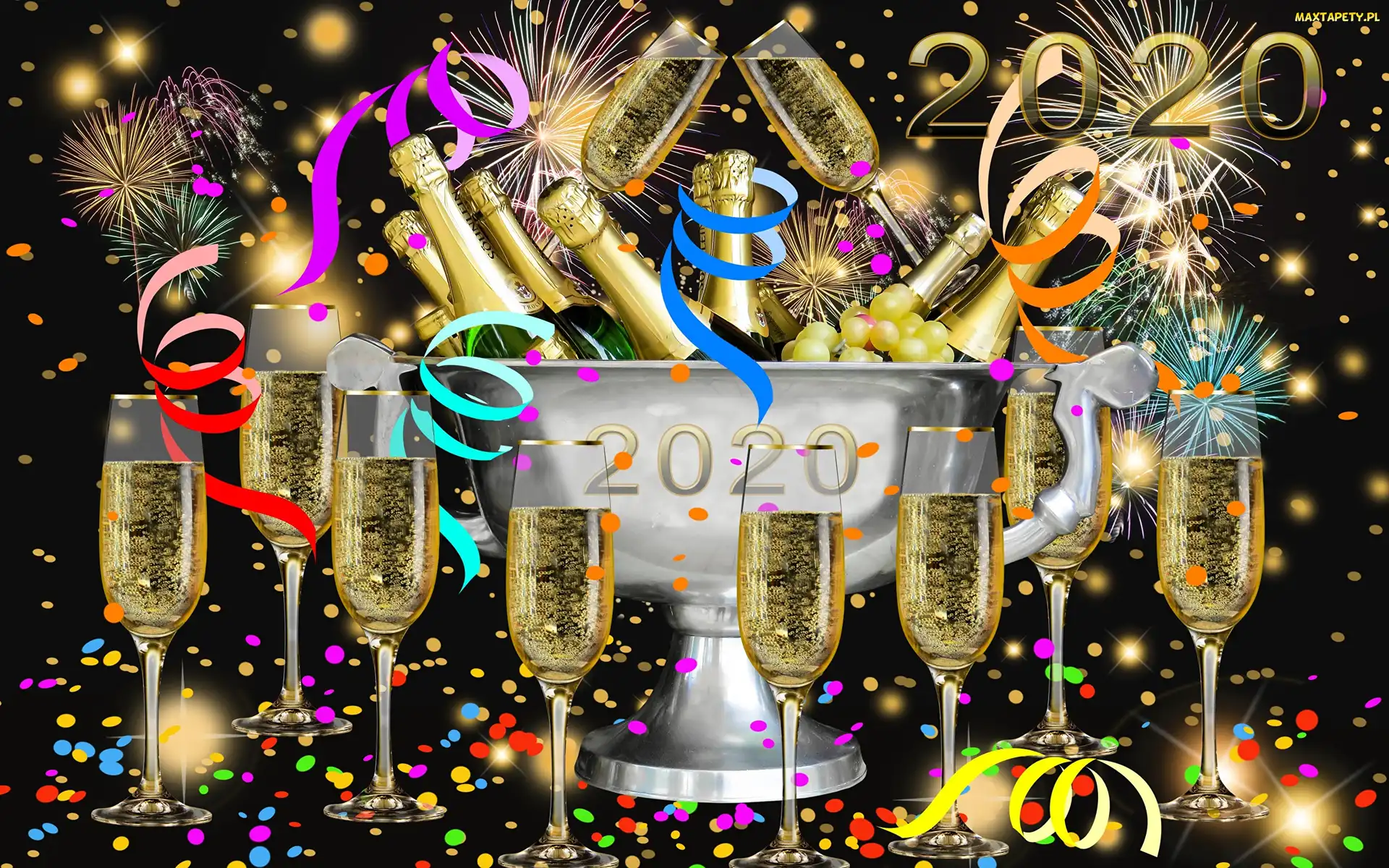 Noc, Konfetii, Winogron, Alkohol, Butelki, Nowy Rok, Data, Fajerwerki, 2D, Sylwester, Puchar, Szampan, Kiliszki, Owoce, 2020