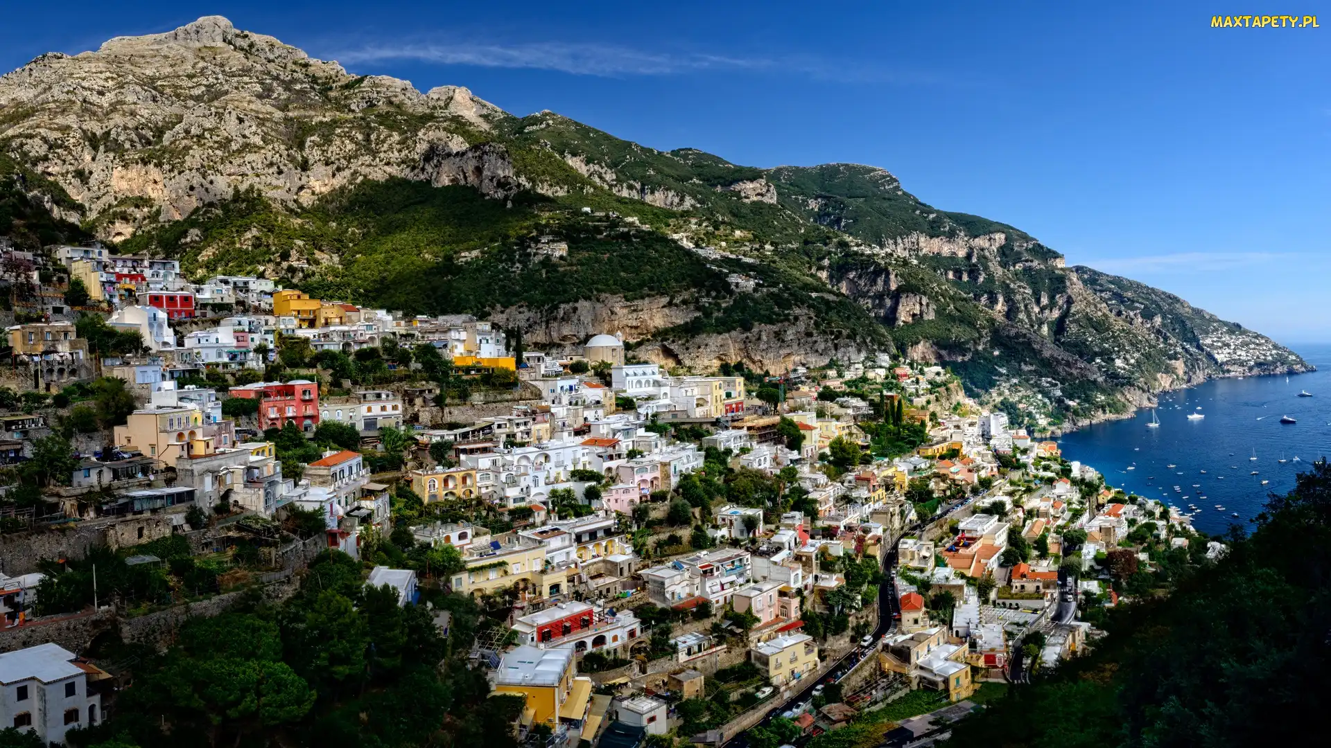 Góry, Wybrzeże, Salerno, Domy, Morze, Włochy, Amalfi