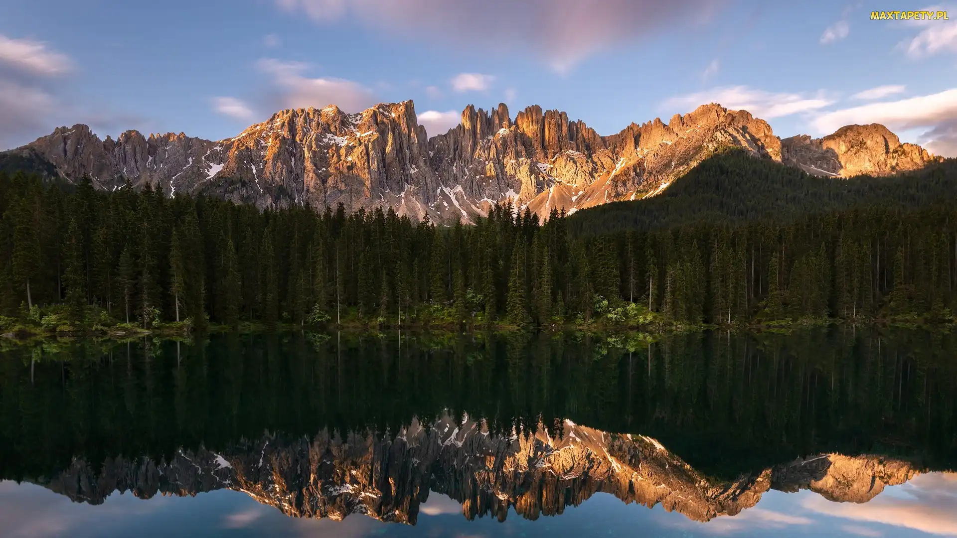 Chmury, Las, Góry, Odbicie, Jezioro Karersee, Włochy, Dolomity