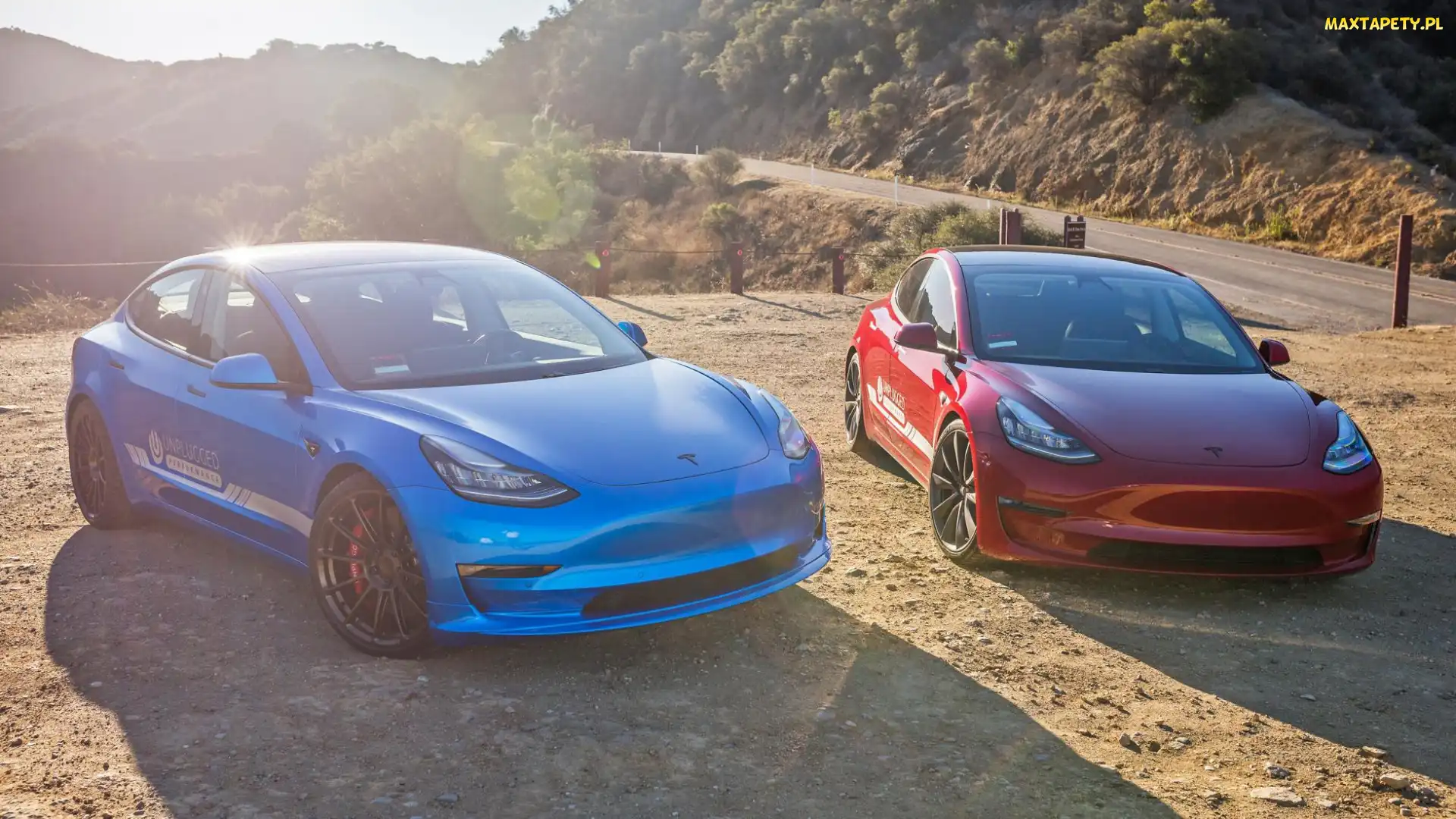 Samochody, Tesla Model 3, Niebieska, Czerwona, Dwa