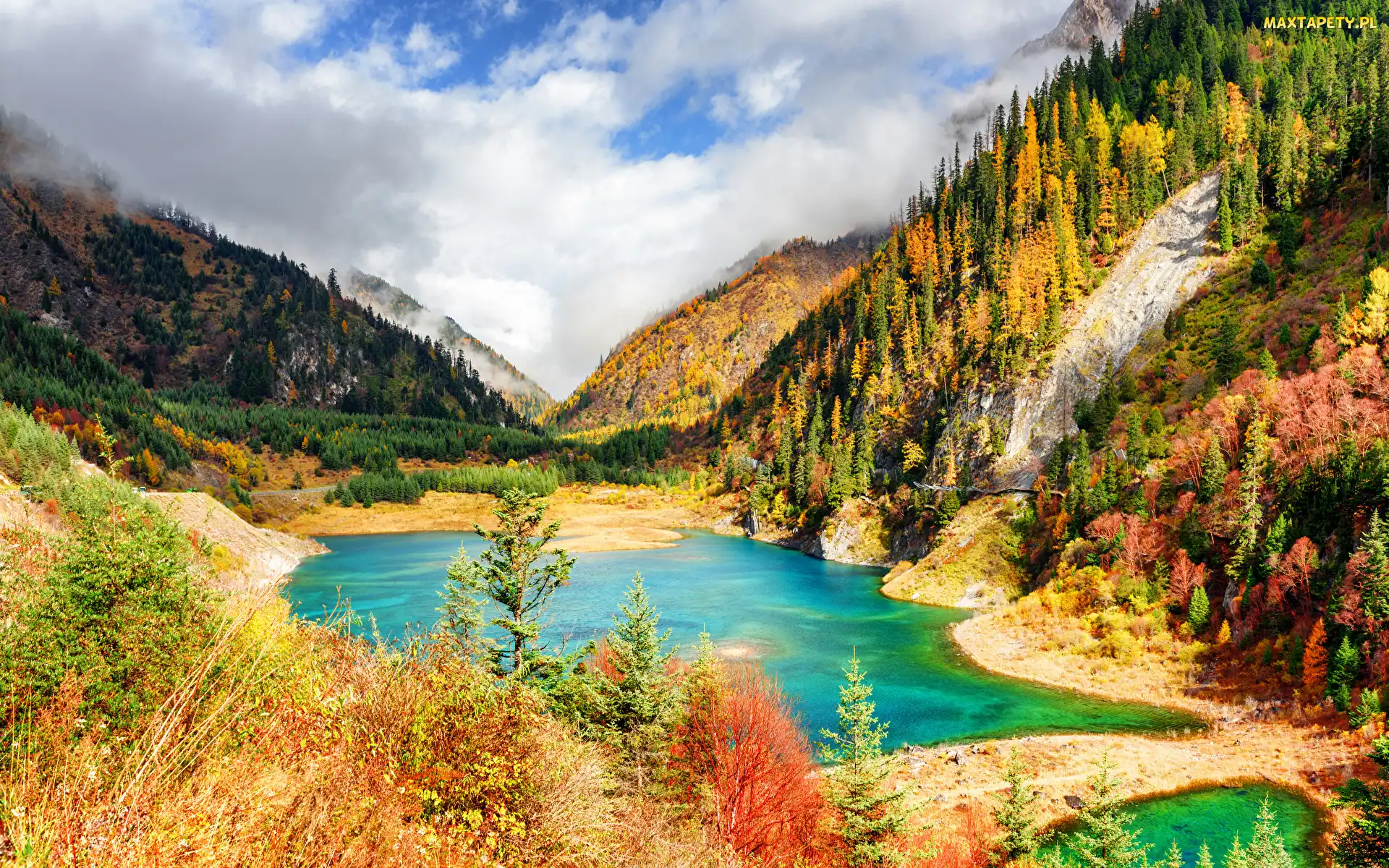 Drzewa, Wzgórza, Park Narodowy Jiuzhaigou, Chiny, Jezioro, Góry