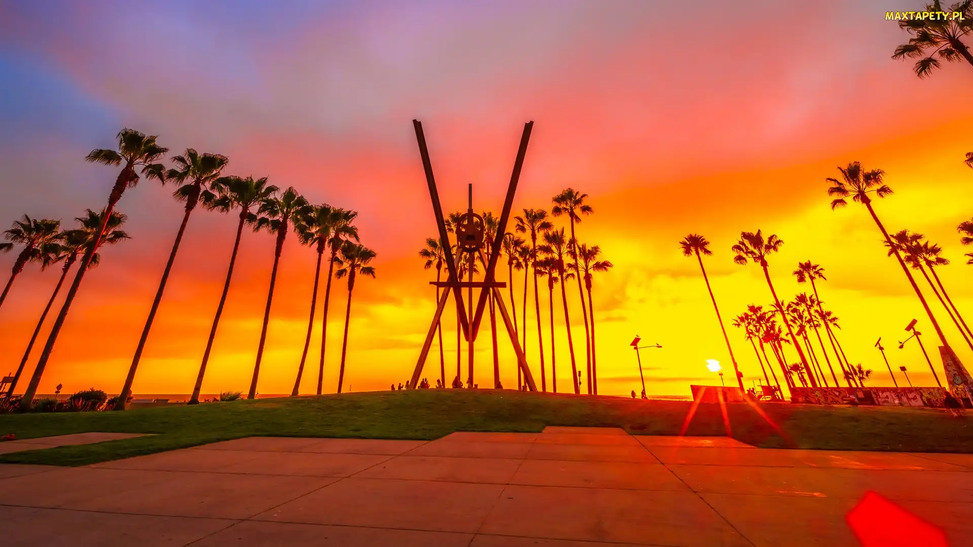 Zachód słońca, Palmy, Kalifornia, Stany Zjednoczone, Venice Beach V Sculpture, Morze