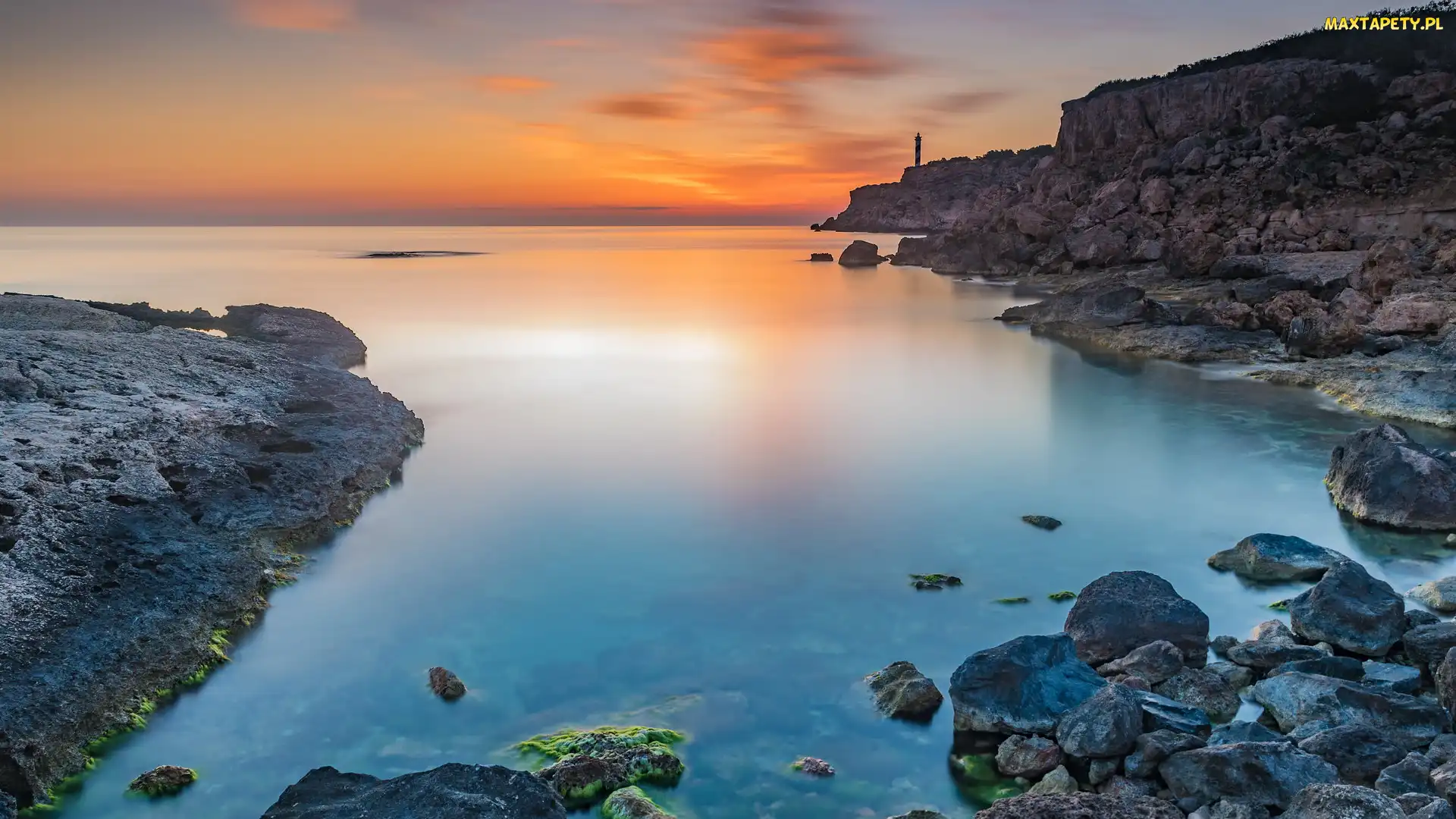 Skały, Wschód słońca, Morze Śródziemne, Punta des Moscarter, Ibiza, Latarnia morska, Hiszpania, Portinatx