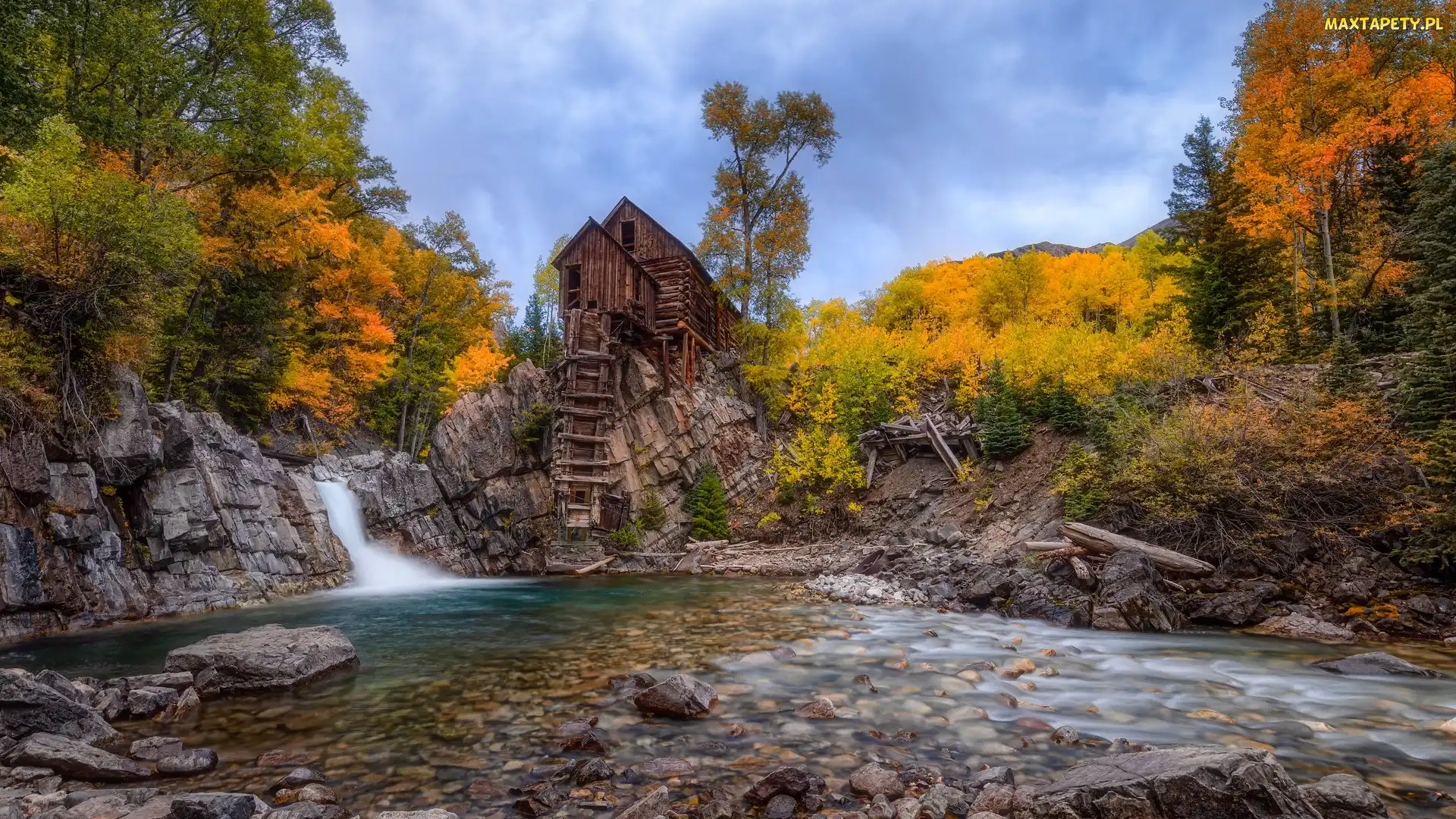 Młyn, Kolorado, Skały, Stany Zjednoczone, Drzewa, Jesień, Crystal Mill, Rzeka, Crystal River
