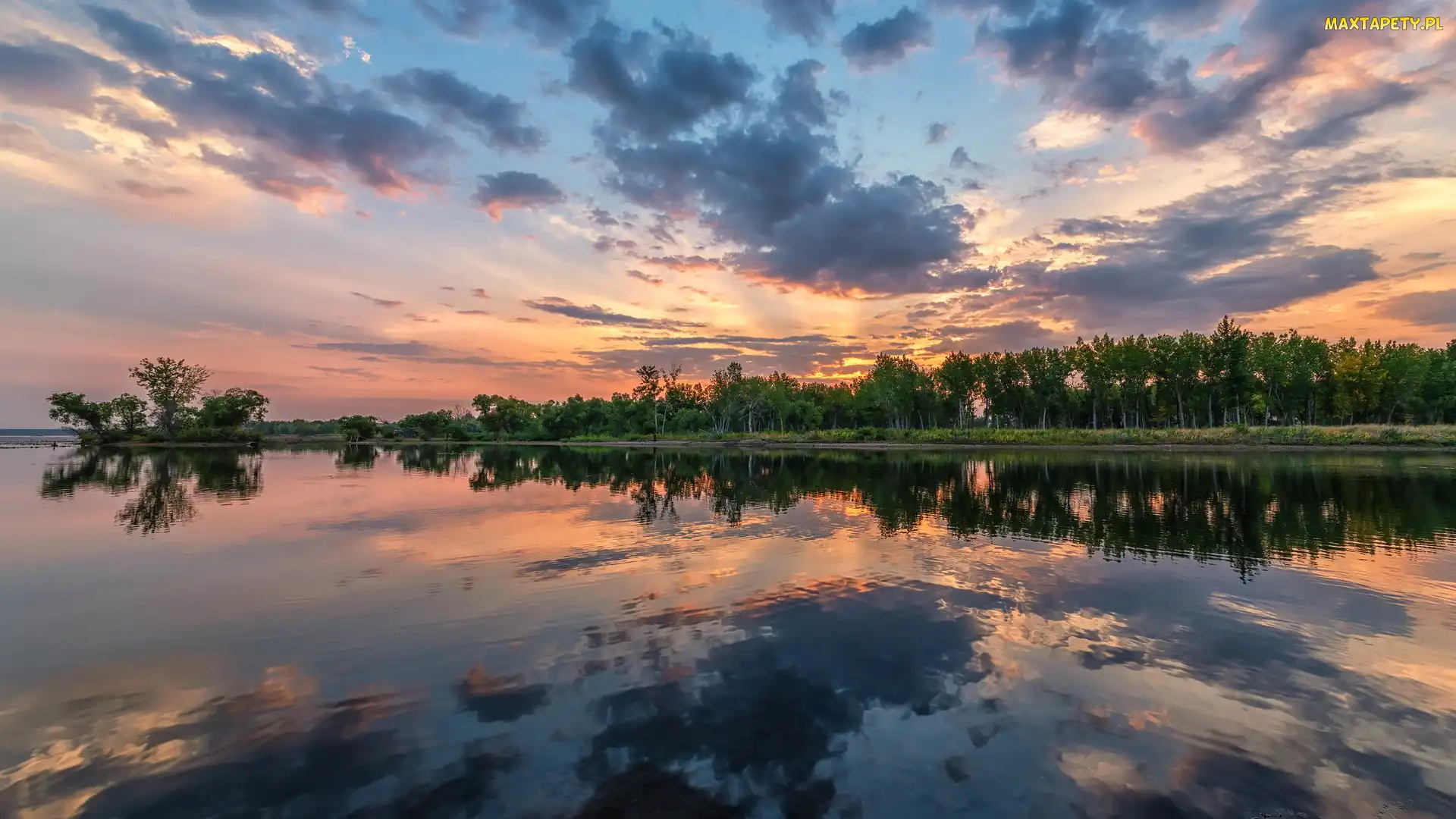 Chatfield State Park, Wschód słońca, Park stanowy, Chatfield Lake, Kolorado, Jezioro, Stany Zjednoczone, Drzewa