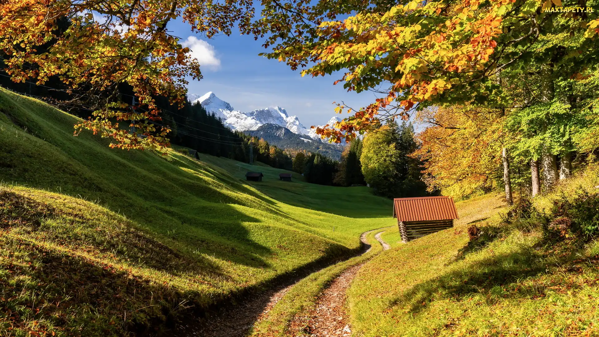 Niemcy, Domek, Drzewa, Jesień, Droga, Szczyt Zugspitze, Bawaria, Góry, Alpy Bawarskie