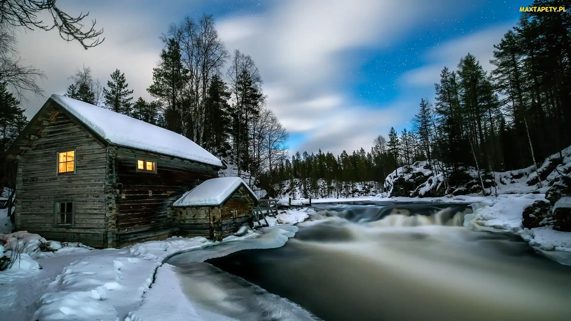 Finlandia, Gmina Kuusamo, Park Narodowy Oulanka, Laponia, Drzewa, Rzeka, Zima, Chmury, Młyn Myllykoski, Gwiazdy