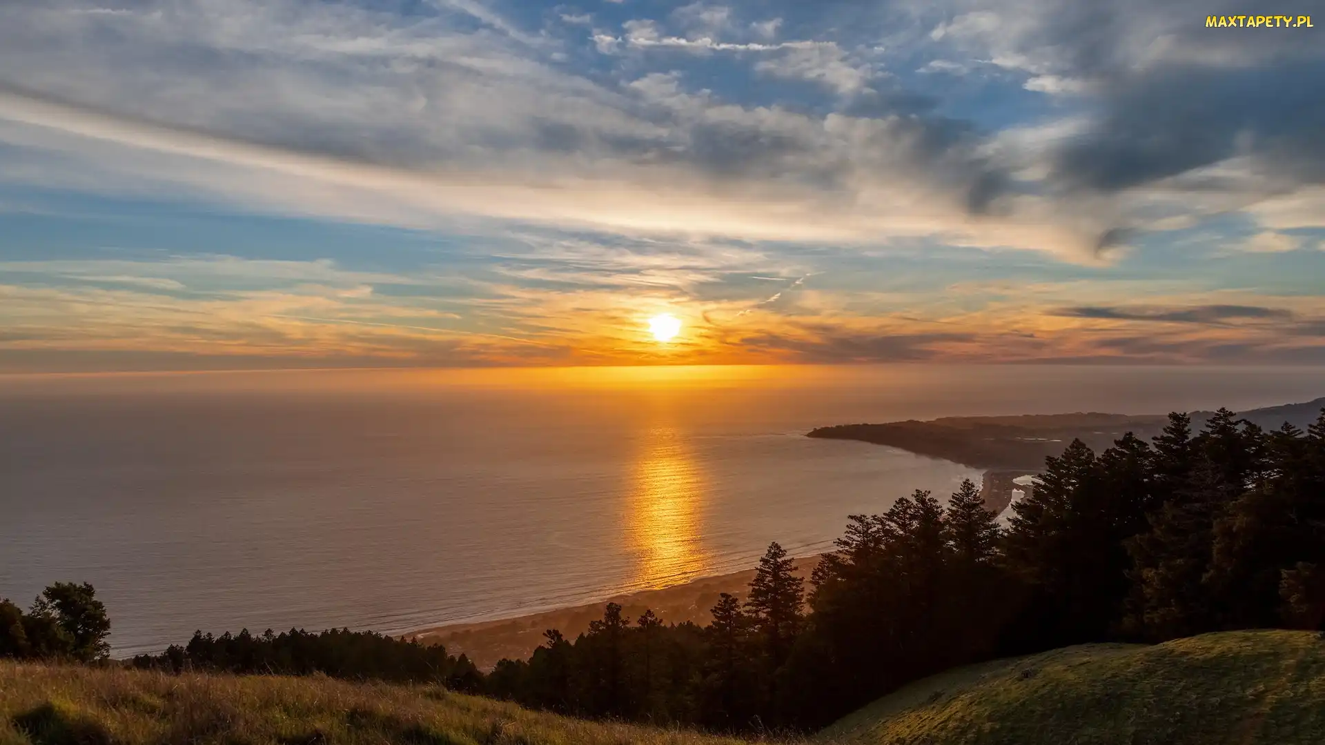 Zachód słońca, Morze, Kalifornia, Stany Zjednoczone, Stinson Beach, Ocean Spokojny