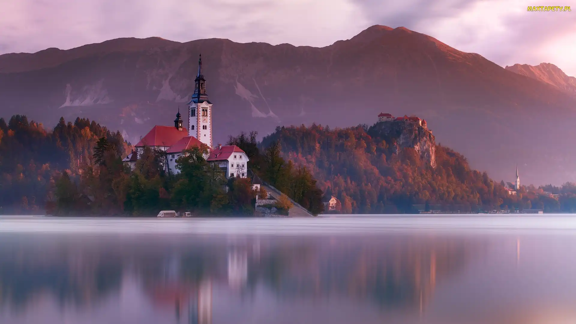 Jezioro Bled, Słowenia, Zachód słońca, Kościół Zwiastowania Marii Panny, Góry, Alpy Julijskie, Wyspa Blejski Otok