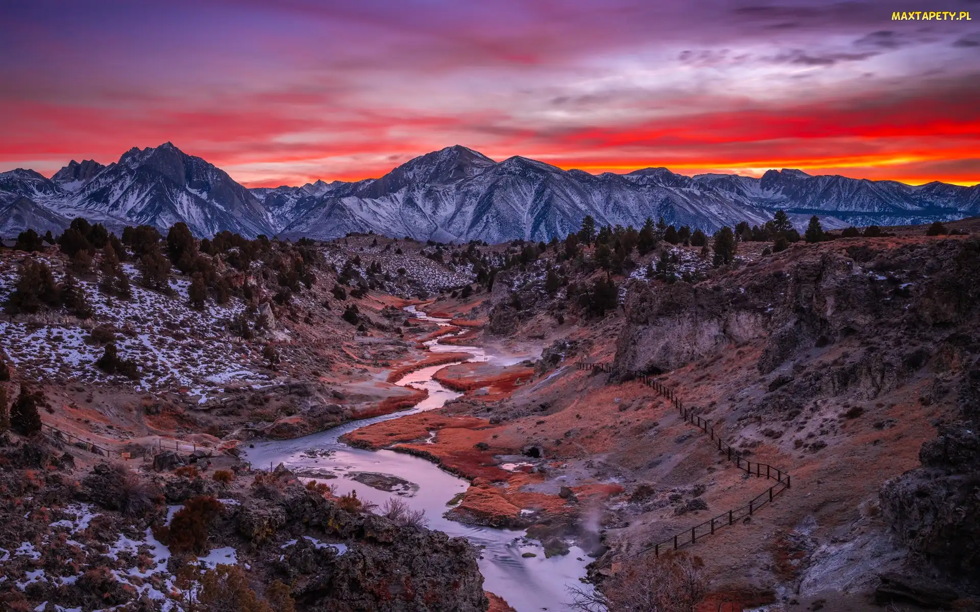 Rzeka, Hot Creek, Stany Zjednoczone, Góry, Lasy państwowe, Zachód słońca, Kalifornia, Inyo National Forest, Dolina, Hrabstwo Mono, Miejscowość Mammoth Lakes