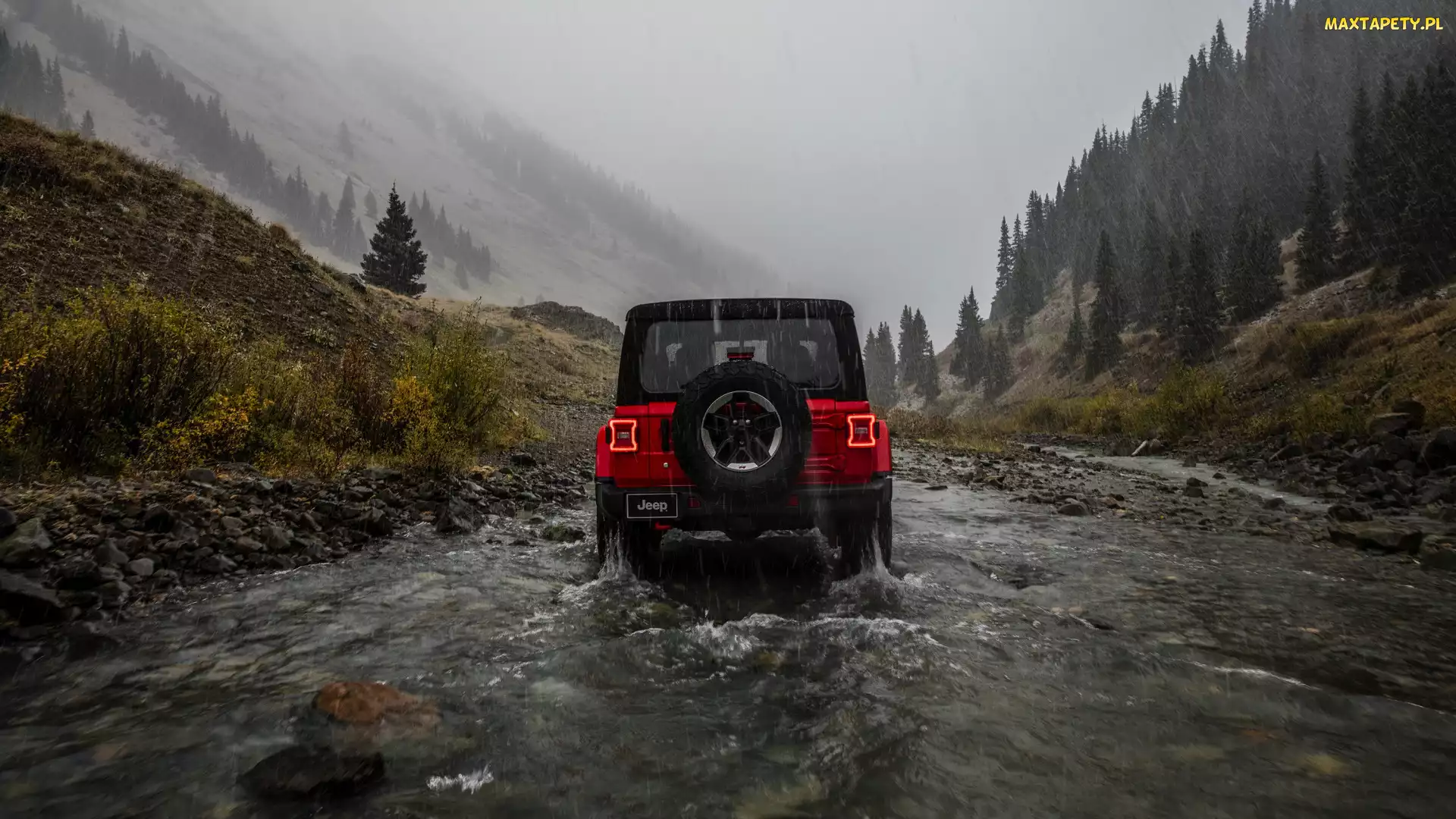 Jeep Wrangler Rubicon, Rzeka, Deszcz, Tył, Czerwony