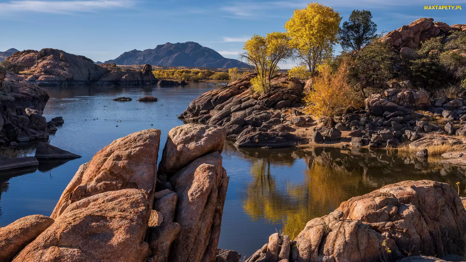 Stany Zjednoczone, Skały, Willow Lake, Drzewa, Zachód słońca, Jezioro, Arizona, Hrabstwo Yavapai, Prescott