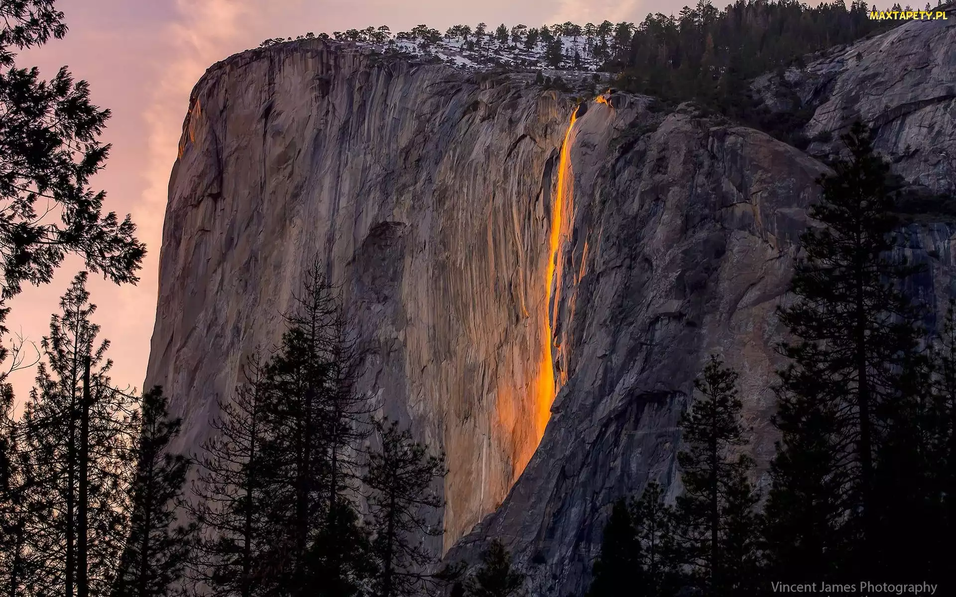 Wodospad, Kalifornia, Drzewa, Stany Zjednoczone, Park Narodowy Yosemite, Góra, Horsetail Fall, Yosemite Firefall, Skalista