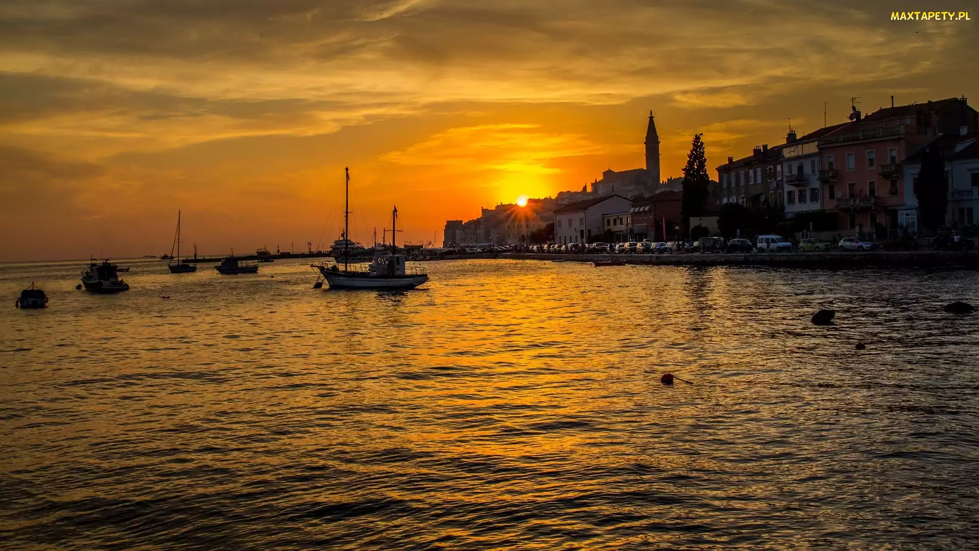 Chorwacja, Zachód, Motorówki, Słońca, Domy, Morze, Półwysep Istria, Miasto, Rovinj