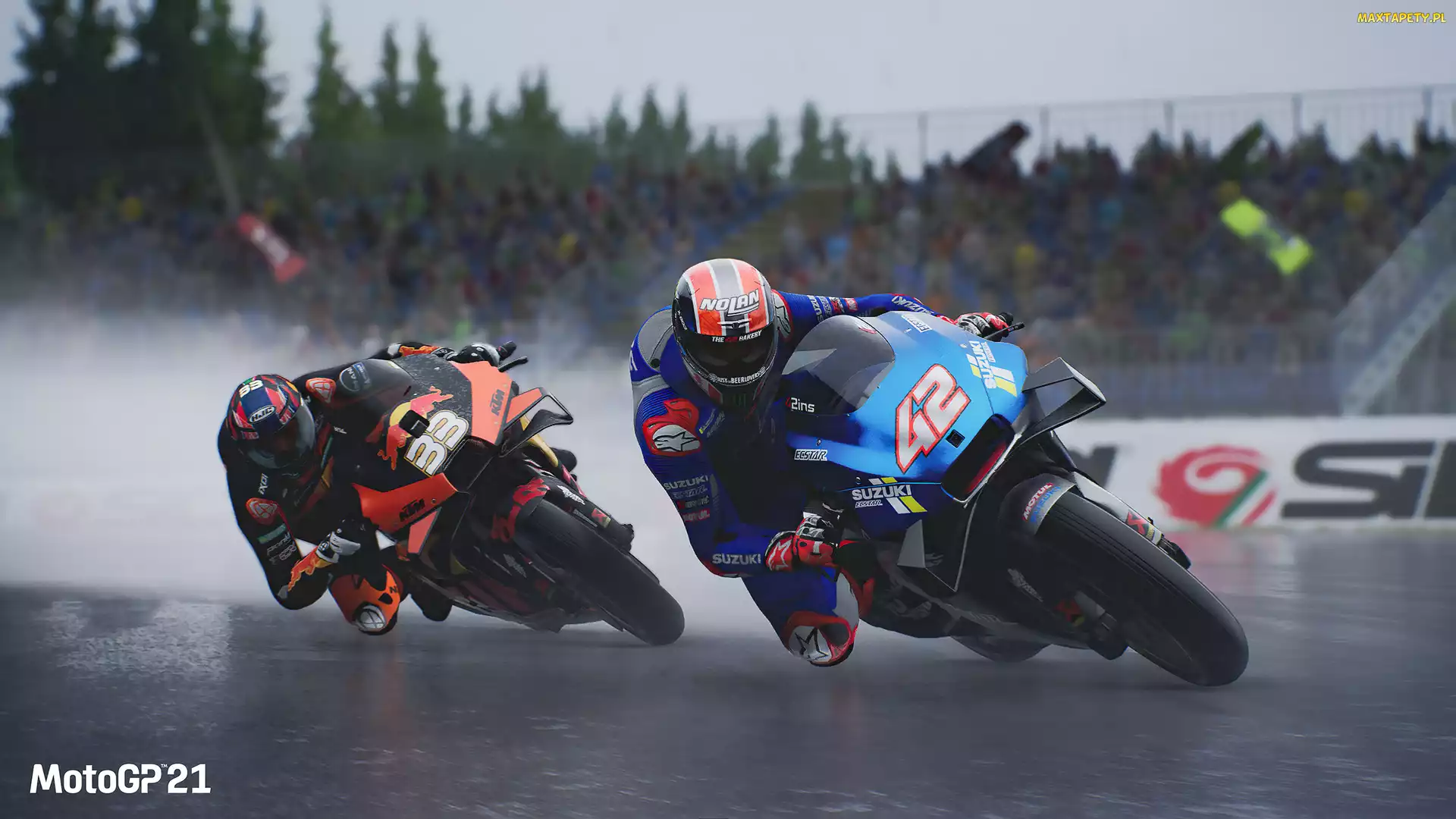 Plakat, Trybuny, Tor, Wyścig, Motocykle, MotoGP 21, Suzuki, KTM, Gra, Motocykliści