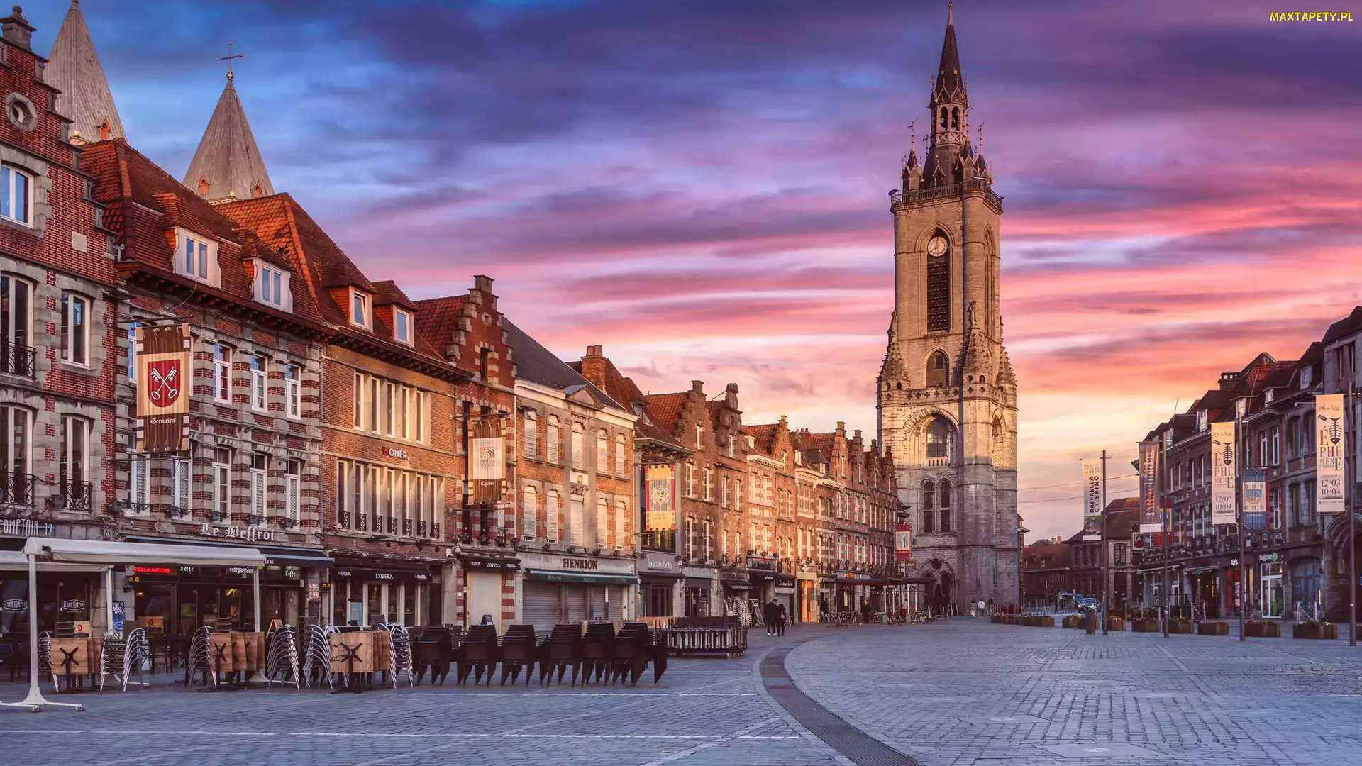 Miasto, Belfry of Tournai, Belgia, Dzwonnica, Plac, Tournai, Wieczór, Domy