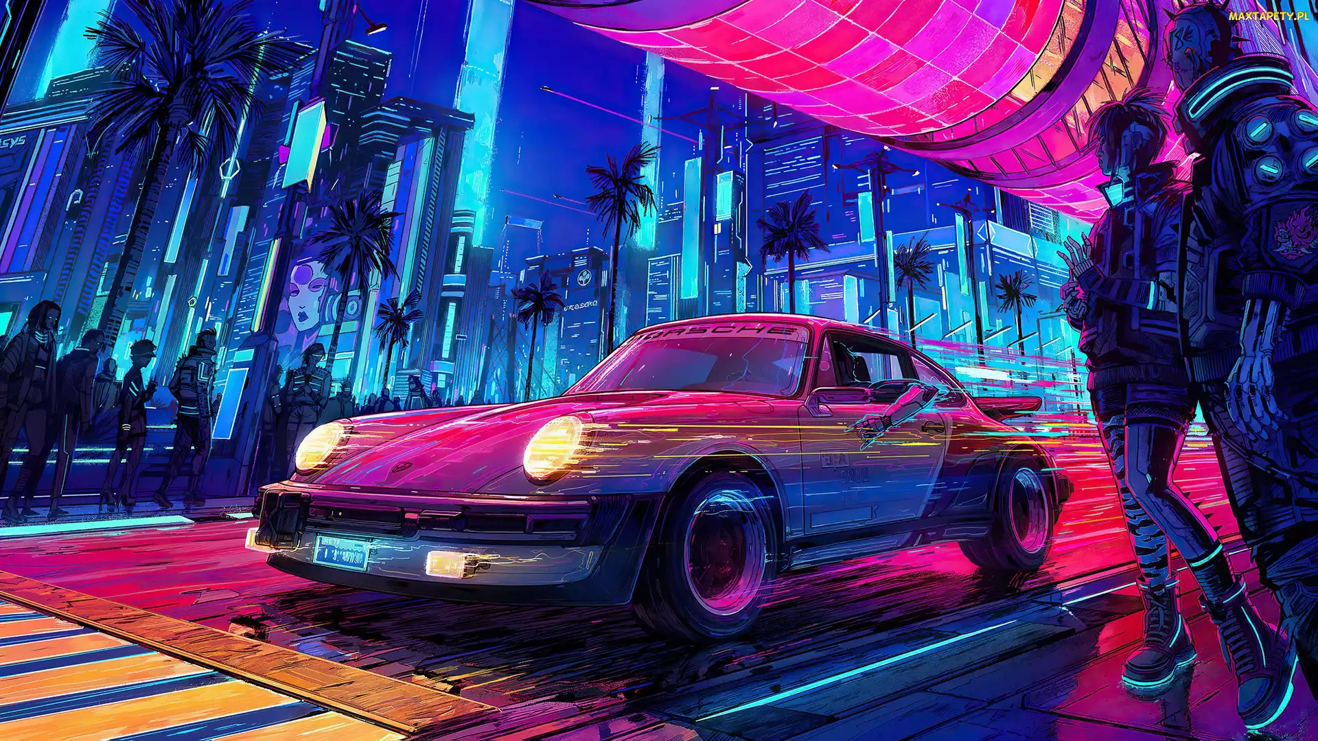 Neony, Ulica, Cyberpunk 2077, Gra, Porsche, Ludzie