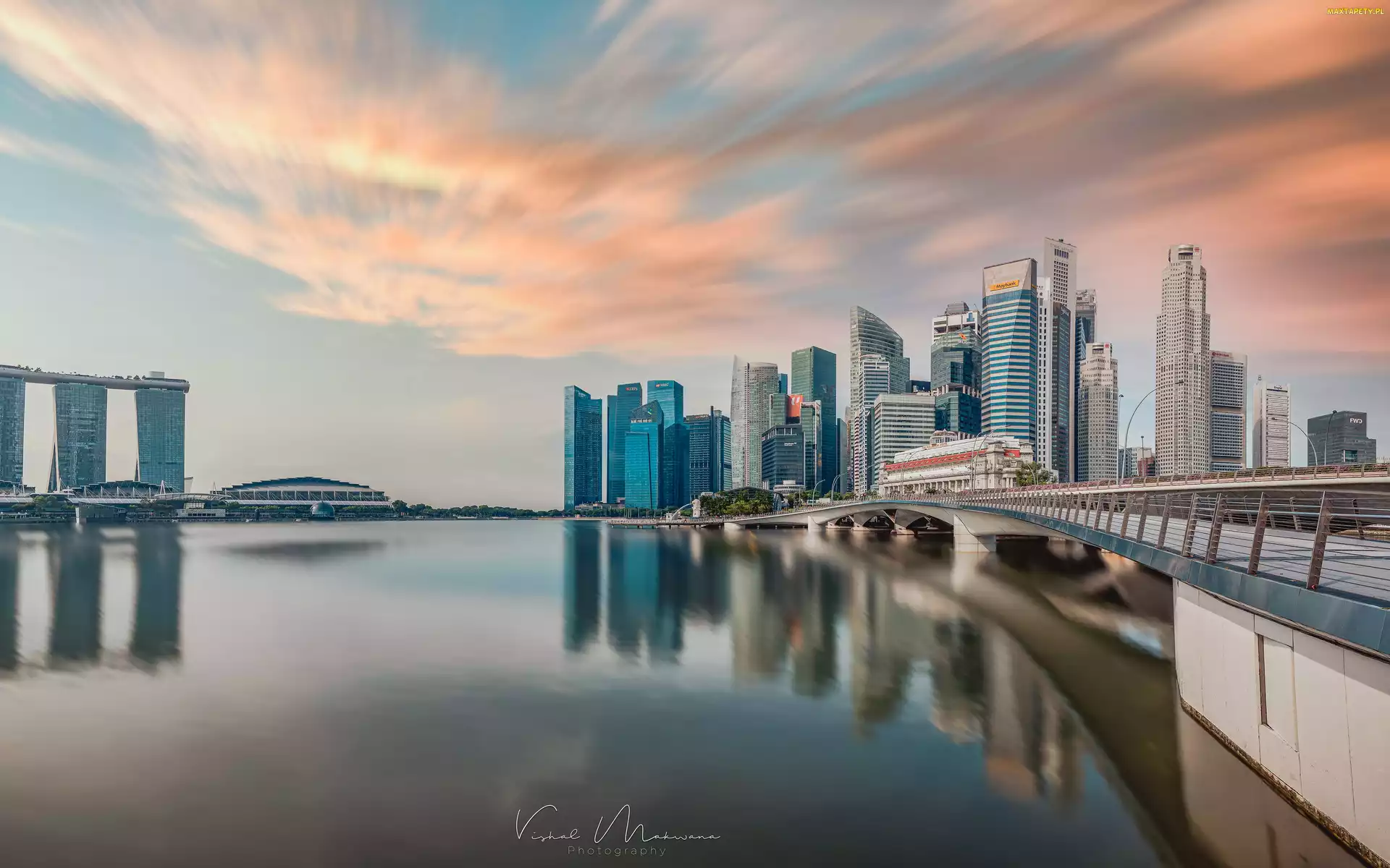 Drapacze chmur, Singapur, Miasto, Zatoka Marina Bay, Most