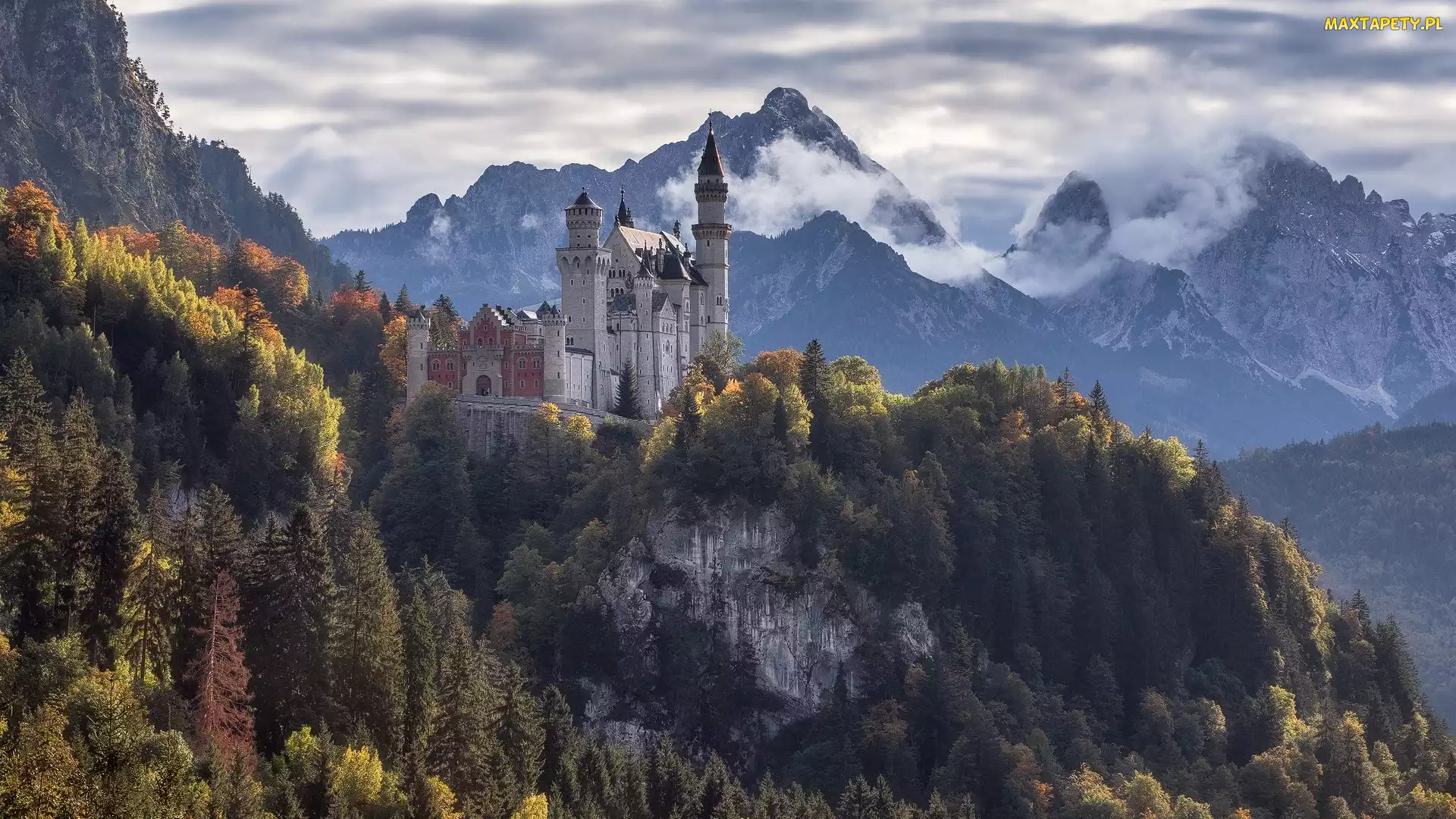 Góry, Niemcy, Bawaria, Drzewa, Zamek Neuschwanstein
