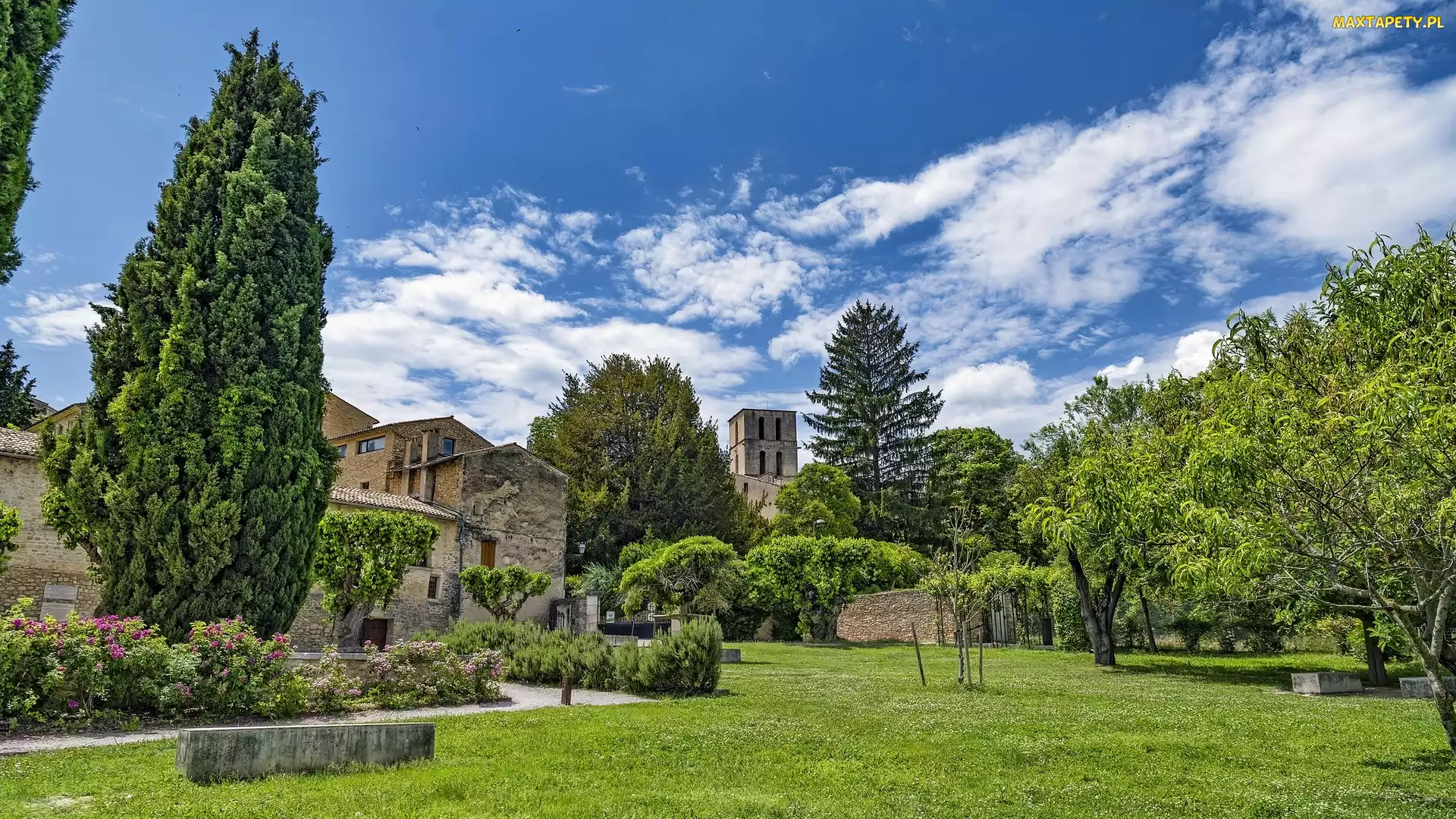 Krzewy, Klasztor Kordelierów, Drzewa, Ogród, Forcalquier, Budynki, Francja, Couvent des Cordeliers