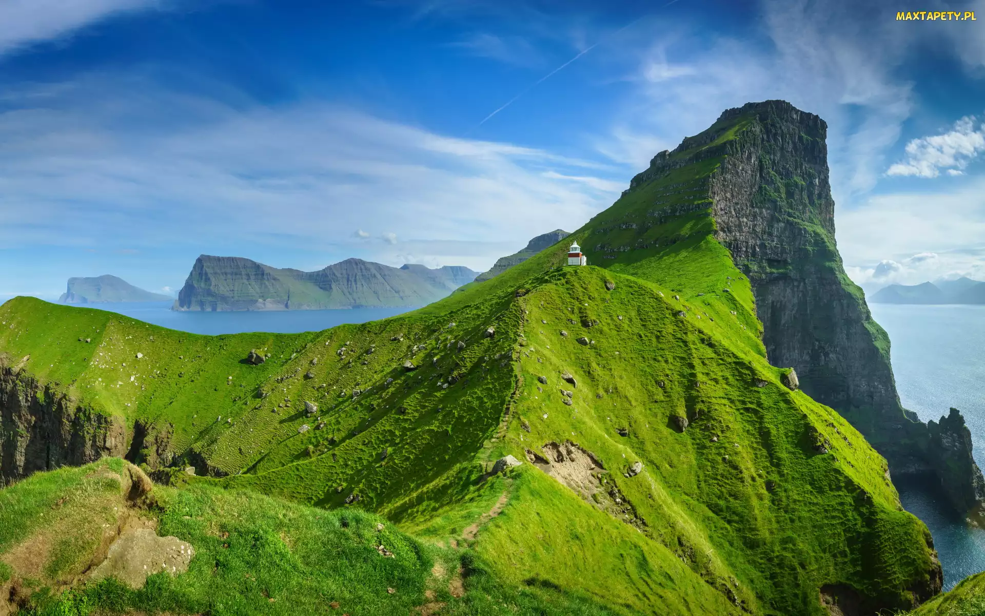 Latarnia morska, Góry, Wyspy Owcze, Kallur Lighthouse, Kalsoy, Dania, Wyspa