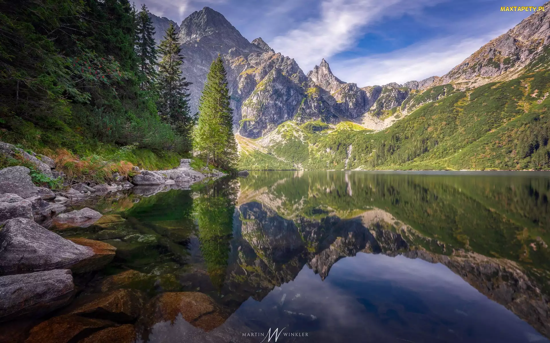 Jezioro, Drzewa, Góry, Morskie Oko, Skały, Polska, Tatry
