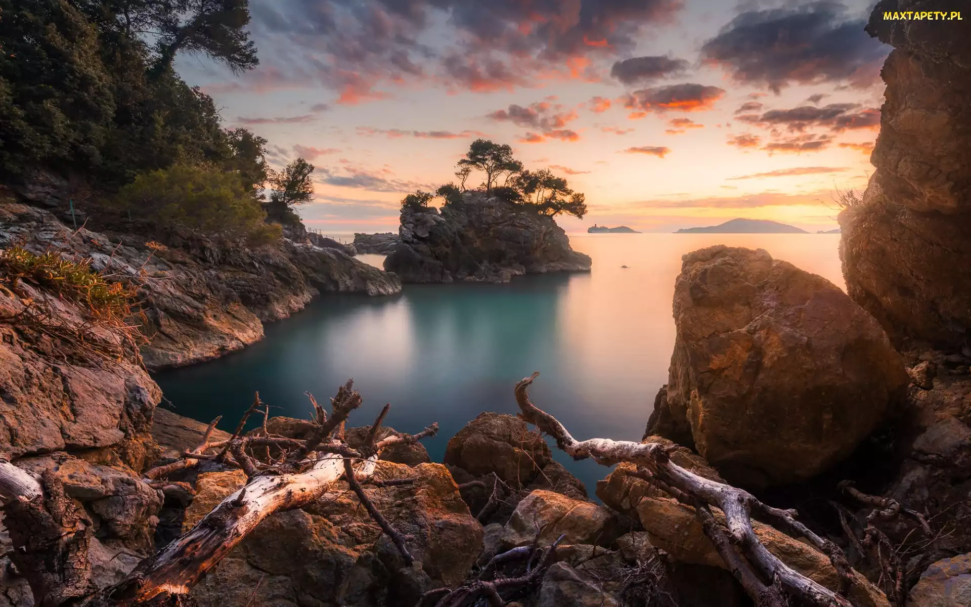 Liguria, Drzewa, Morze, Włochy, Kamienie, Zachód słońca, Skały
