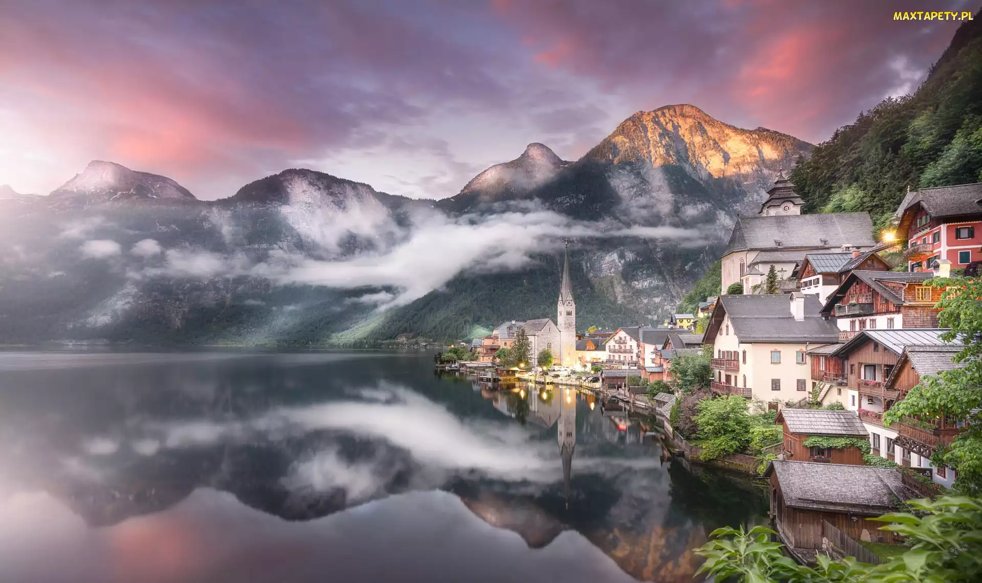 Mgła, Domy, Hallstatt, Austria, Góry Alpy Salzburskie, Jezioro Hallstattersee