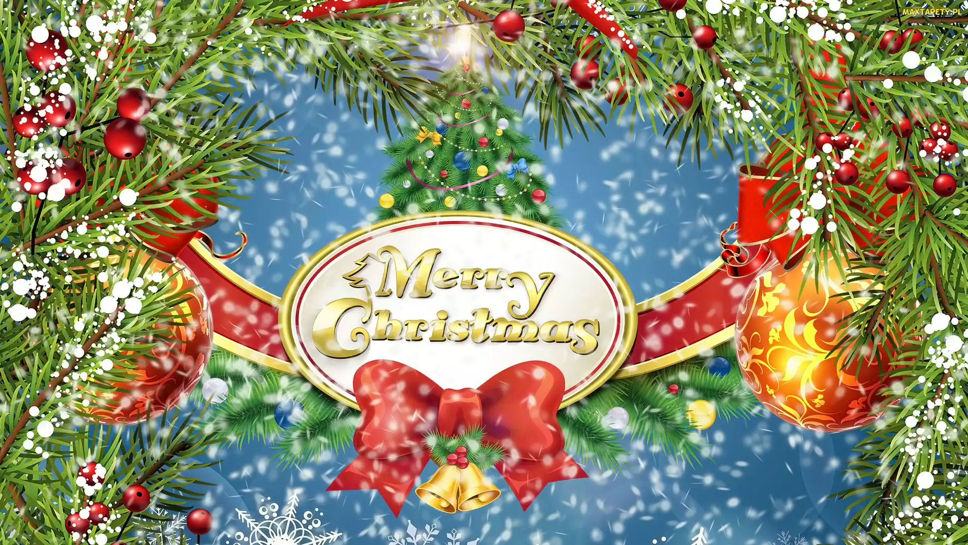 Merry Christmas, Życzenia, Bombki, Boże Narodzenie, Gałązki, Grafika