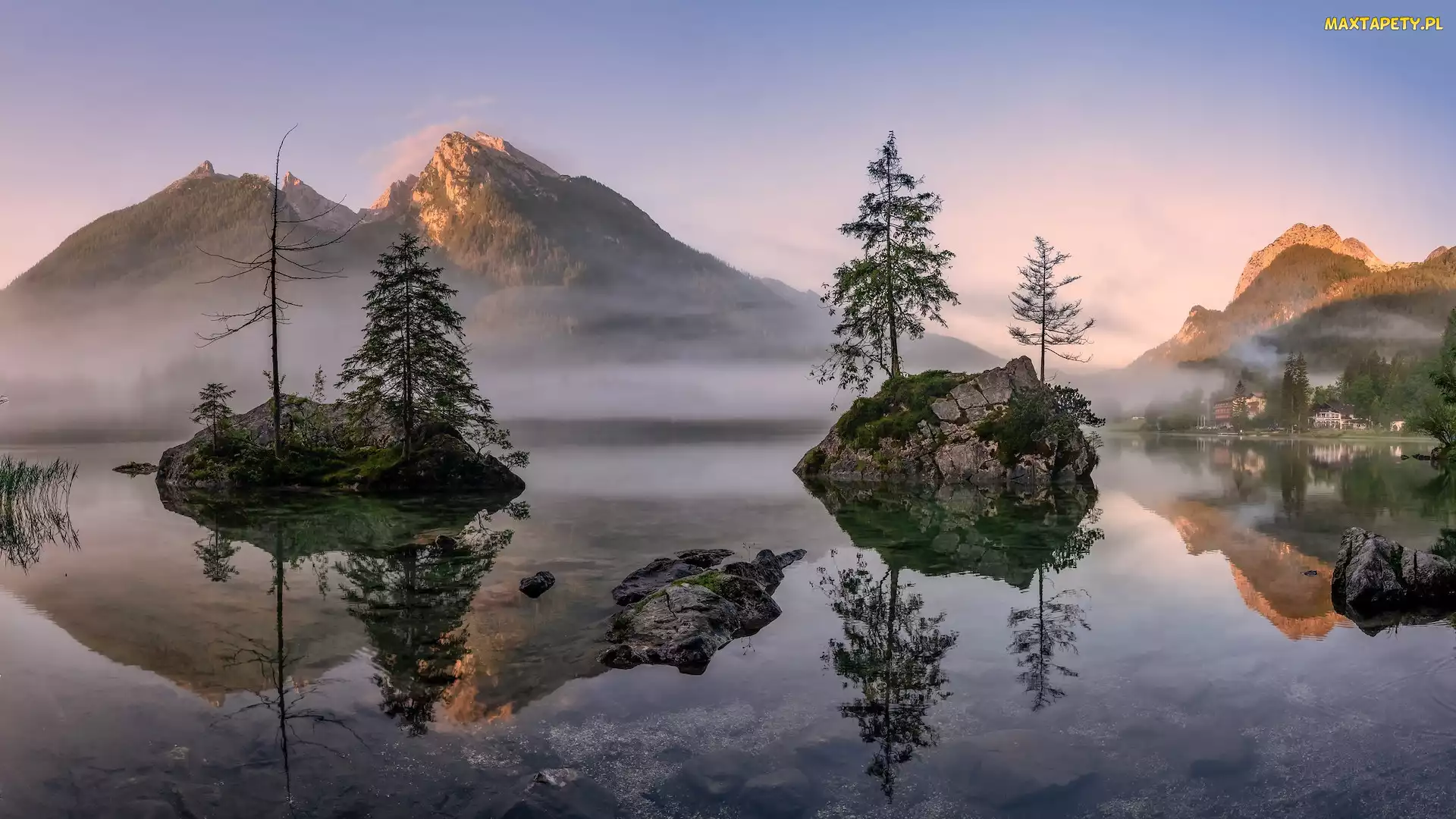 Skały, Drzewa, Bawaria, Mgła, Hintersee, Niemcy, Jezioro