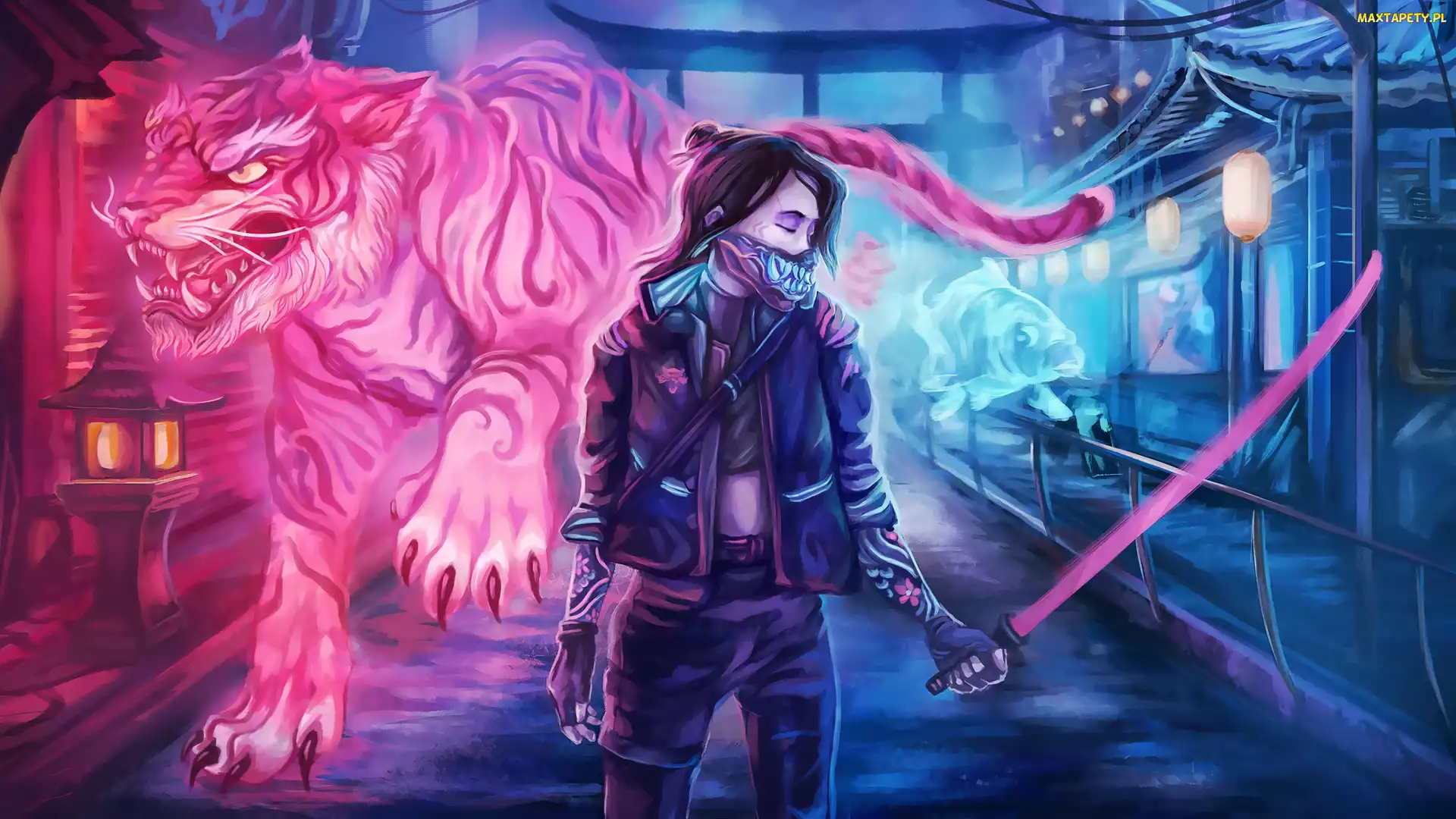 Ryba, Tygrys, Cyberpunk 2077, Gra, Kobieta, Miecz