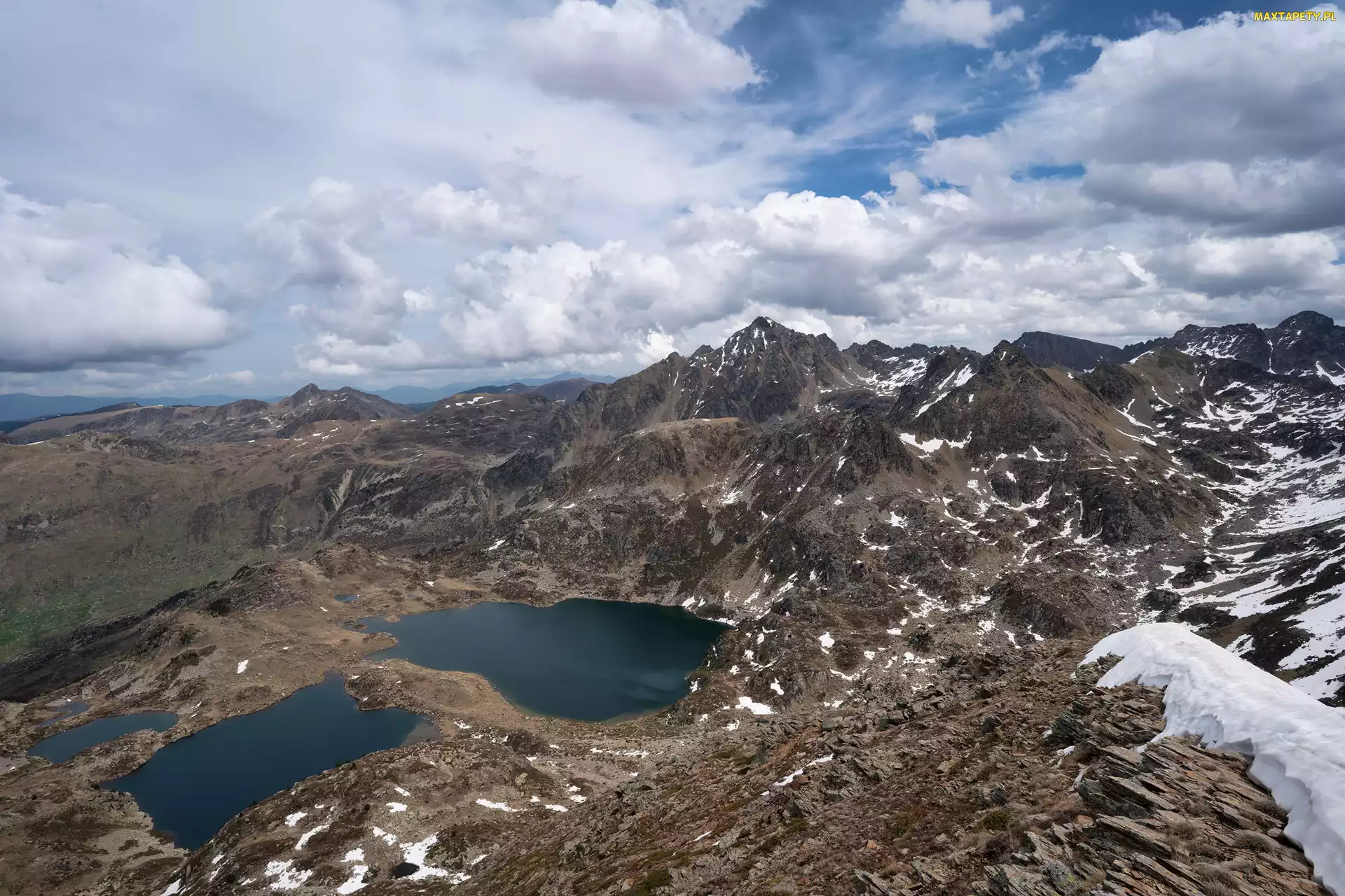 Dolina Aston, Góry, Francja, Etangs de Fontargente, Śnieg, Jeziora, Niebo, Pireneje