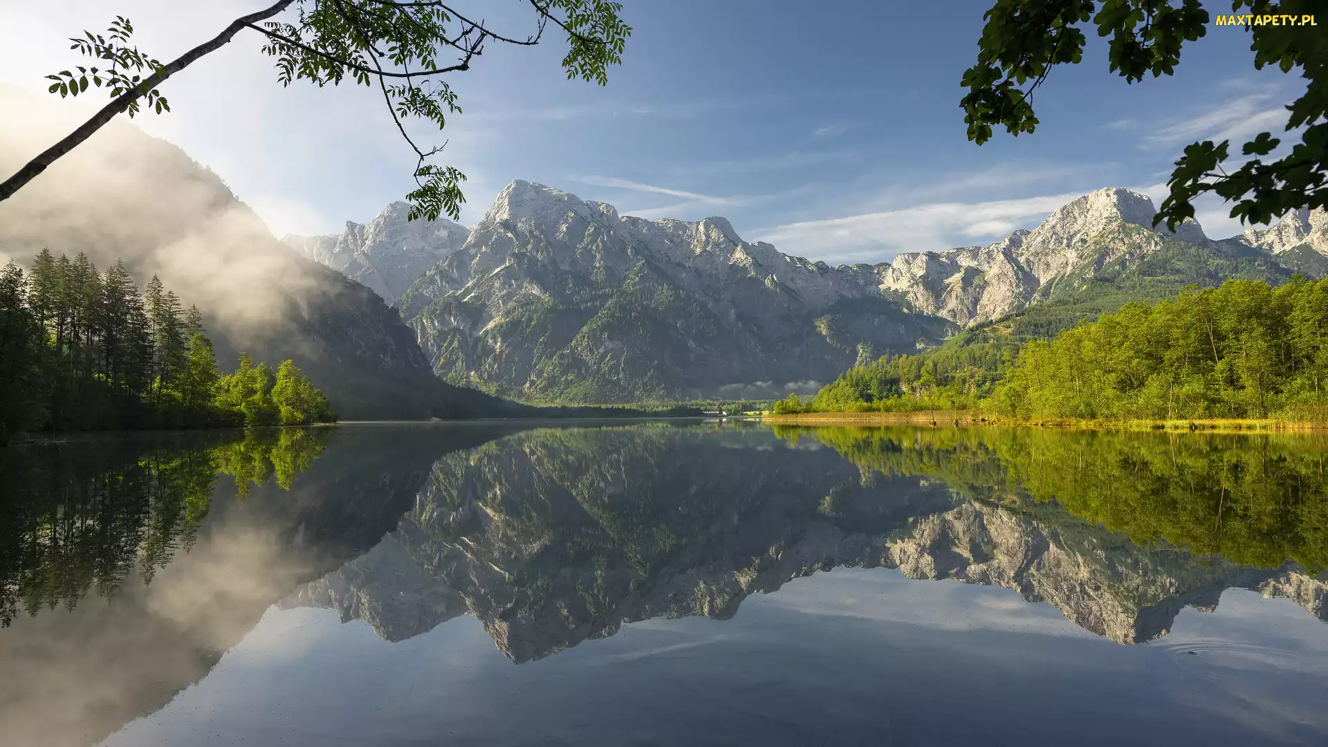 Austria, Odbicie, Jezioro, Góry, Almsee, Drzewa