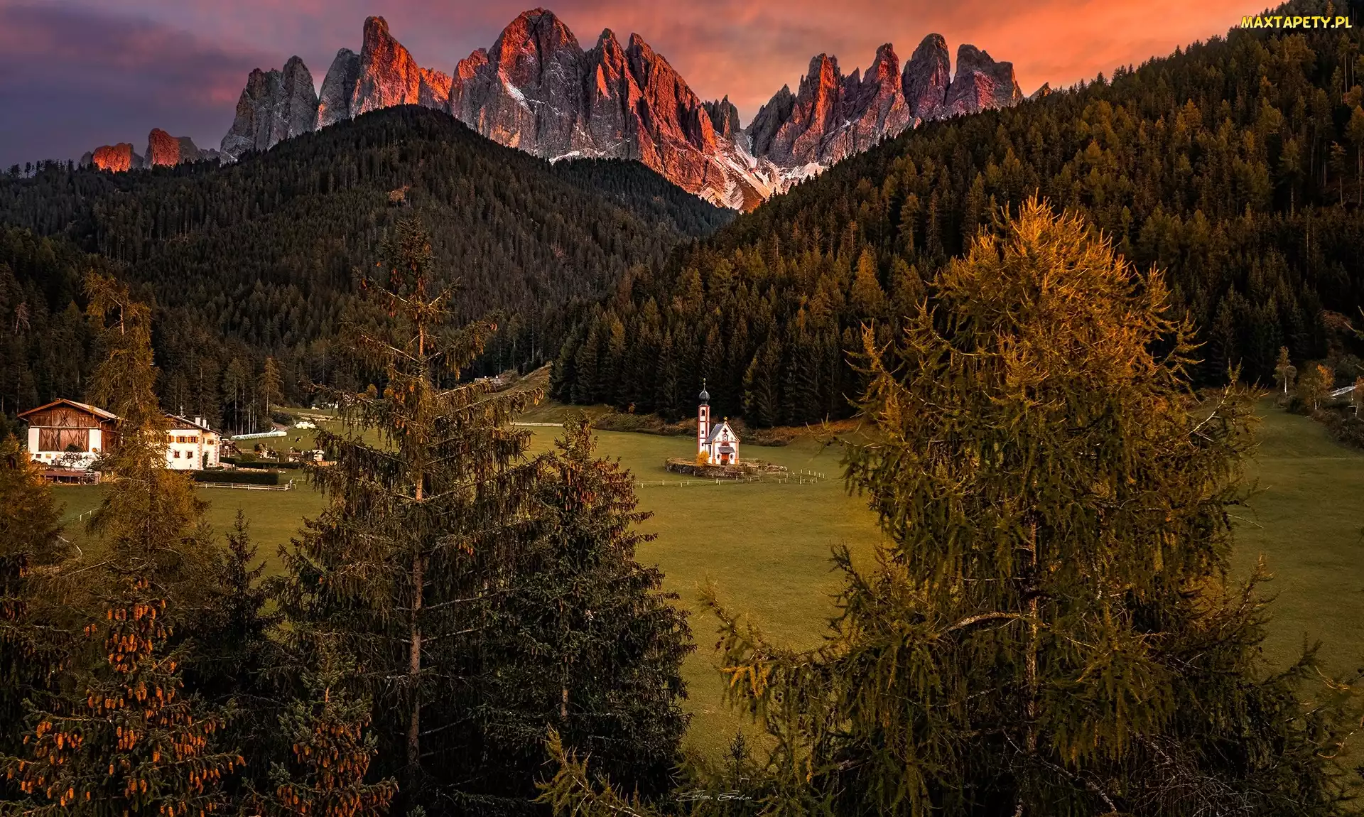 Włochy, Dolina Val di Funes, Wieś, Drzewa, Santa Maddalena, Kościół św Jana, Południowy Tyrol, Góry, Dolomity