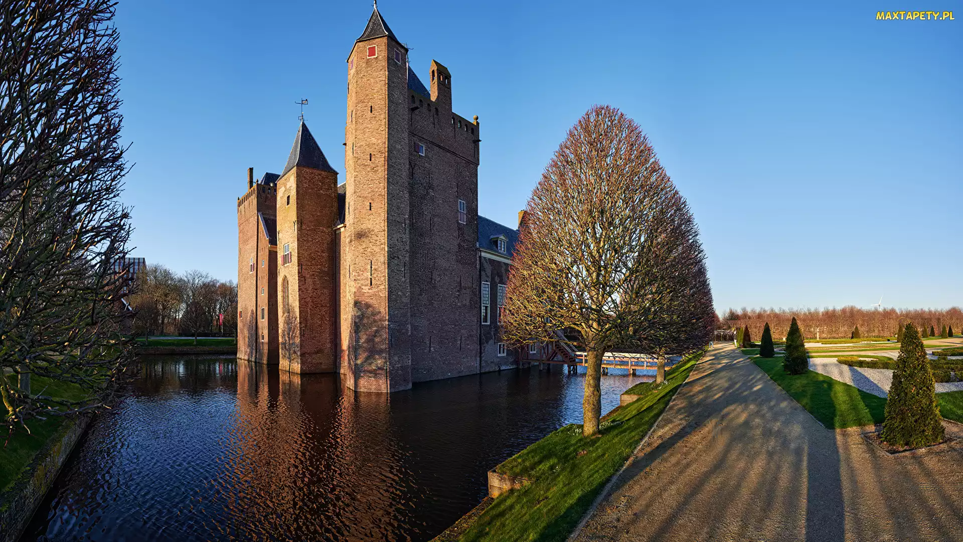 Drzewa, Staw, Miasto, Holandia, Heemskerk, Zamek Assumburg