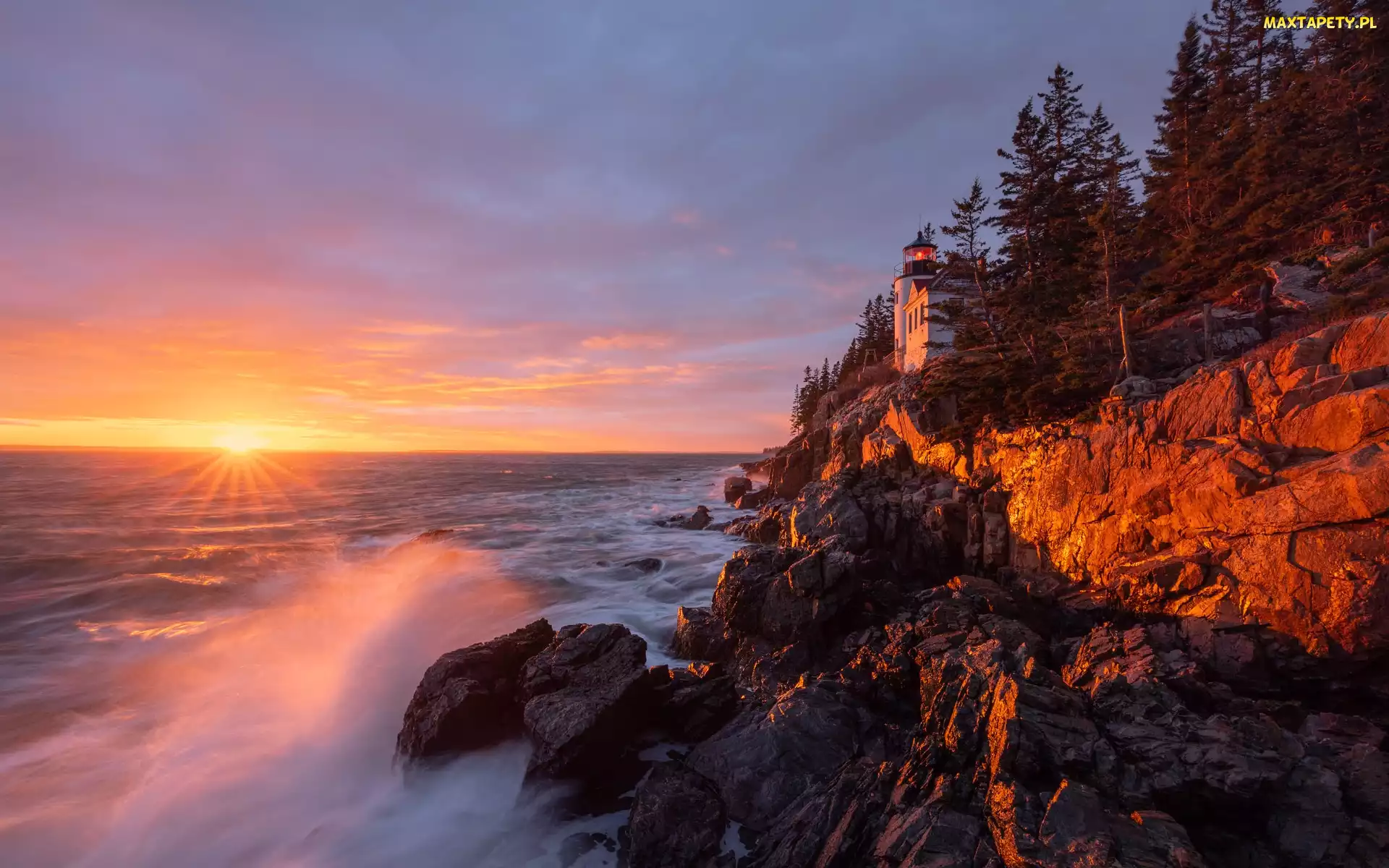 Park Narodowy Acadia, Stan Maine, Drzewa, Stany Zjednoczone, Zachód słońca, Skały, Latarnia morska, Bass Harbor Head Light, Morze