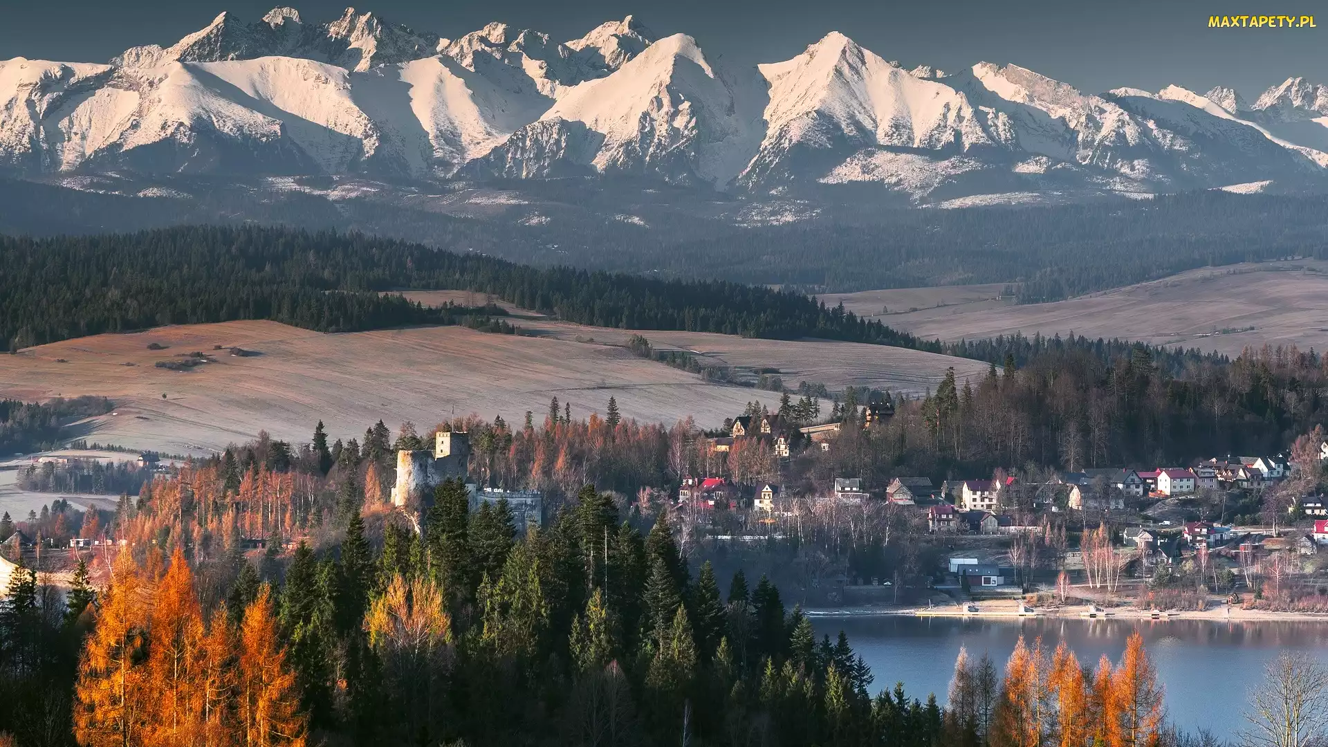 Tatry, Domy, Góry, Drzewa, Niedzica, Rzeka, Polska, Zamek Niedzica