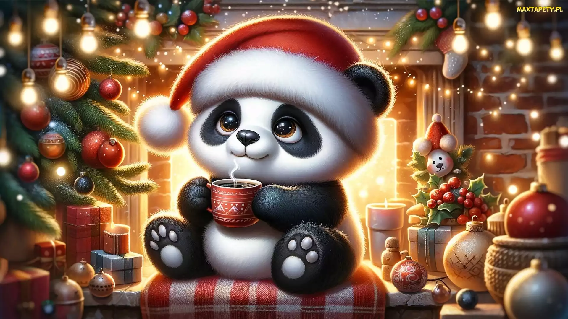 Panda, Mikołaja, Boże Narodzenie, Czapka, Prezenty, Kubek, Bombki, Choinka