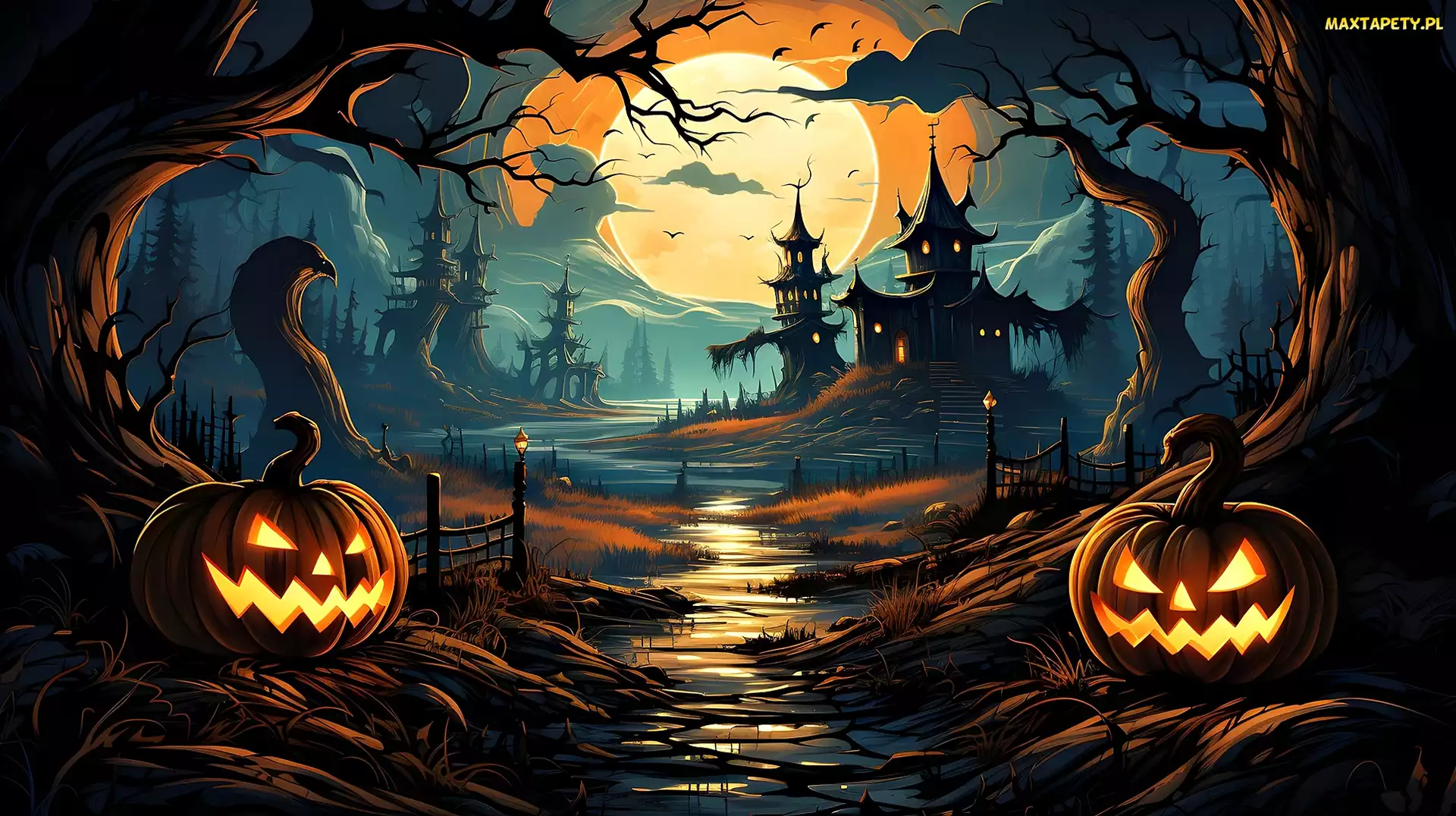 Grafika, Halloween, Drzewa, Dynie, Noc, Zamki